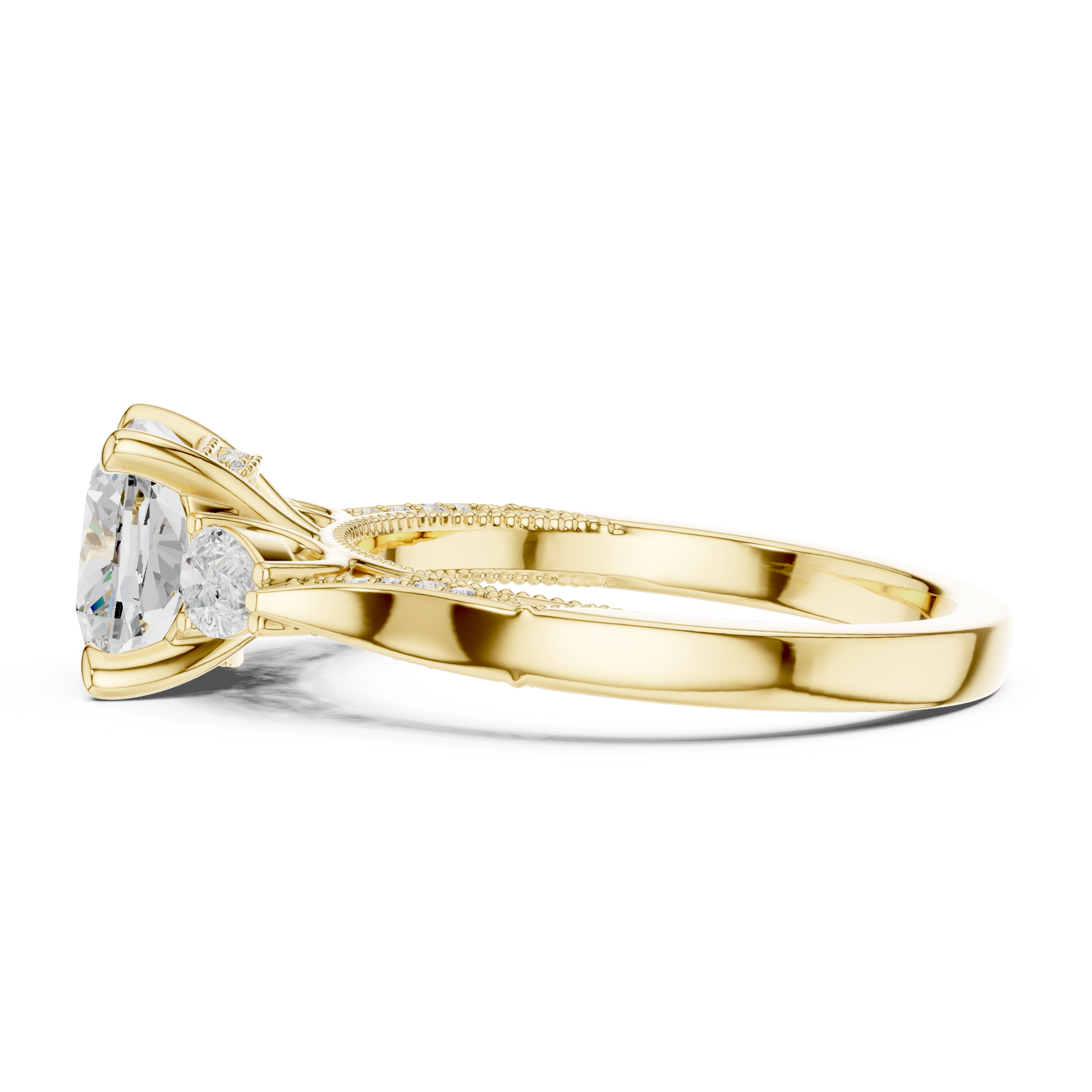 Cushion-Cut Diamond Ring with Half-Moon Side Stones