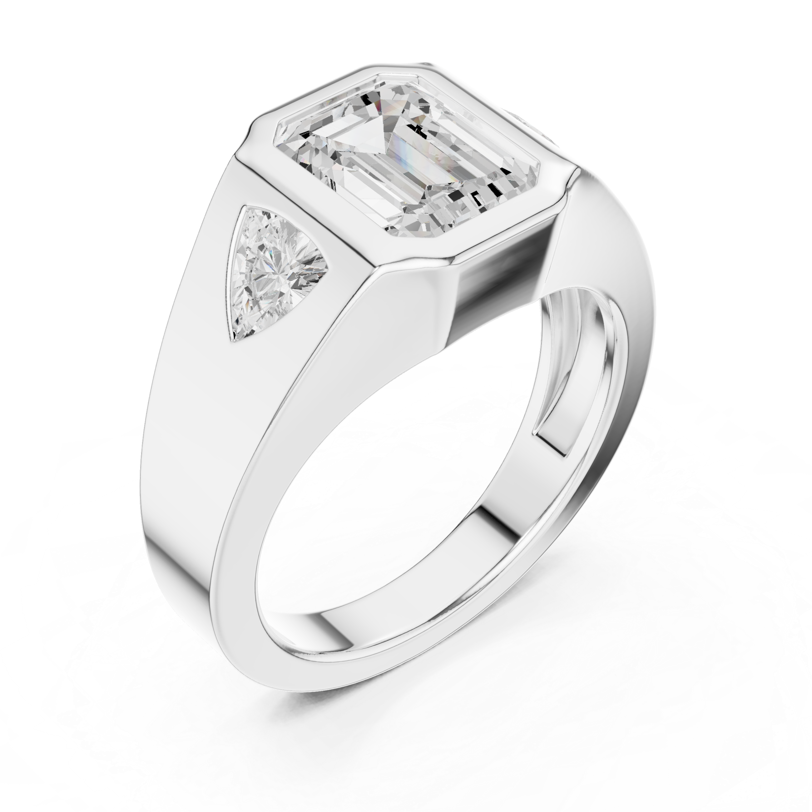 Emerald-Cut Diamond Ring with Tapered Baguette Side Stones in a Bold Channel-Set Band