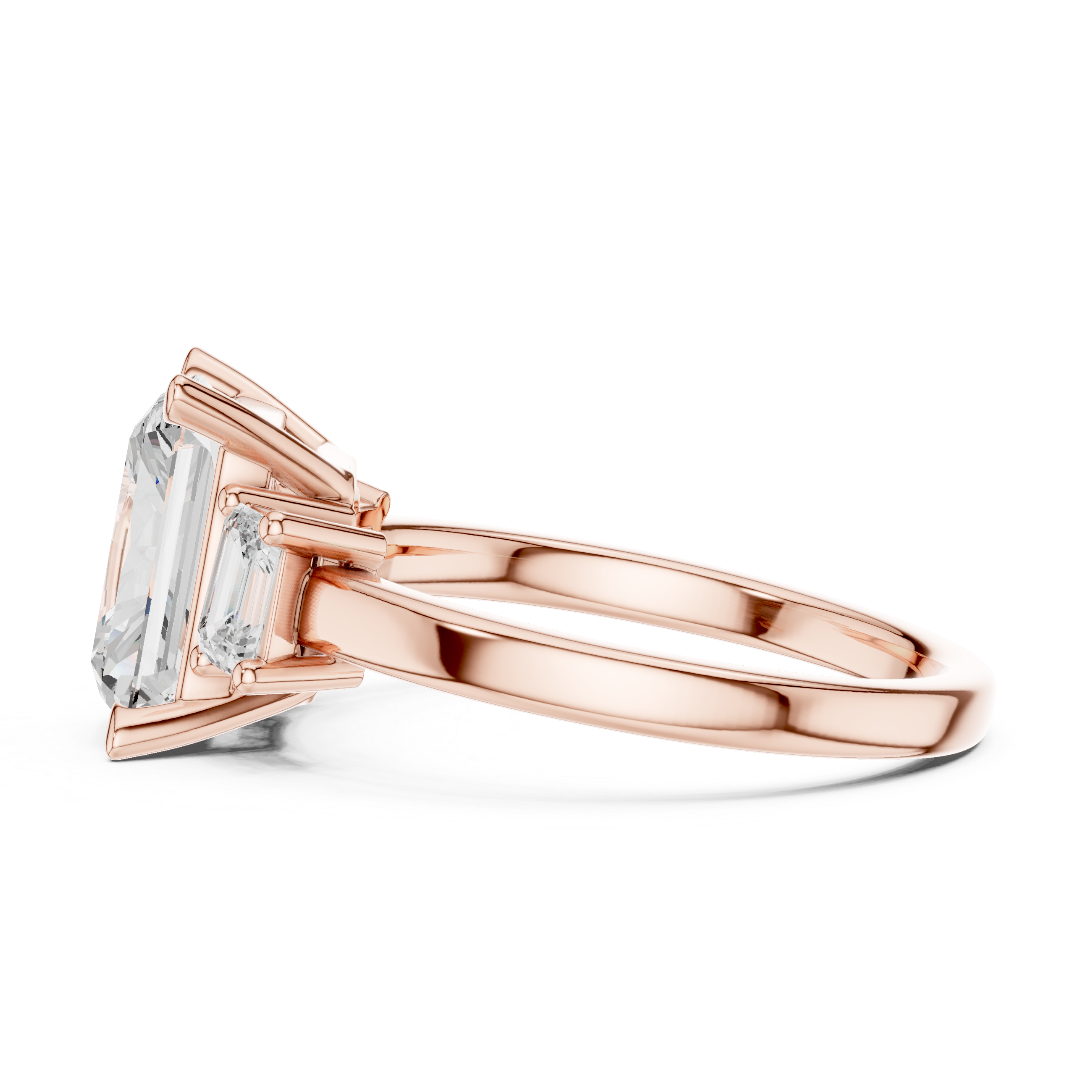 Radiant-Cut Diamond Ring with Emerald-Cut Side Stones in a Classic Three-Stone Setting
