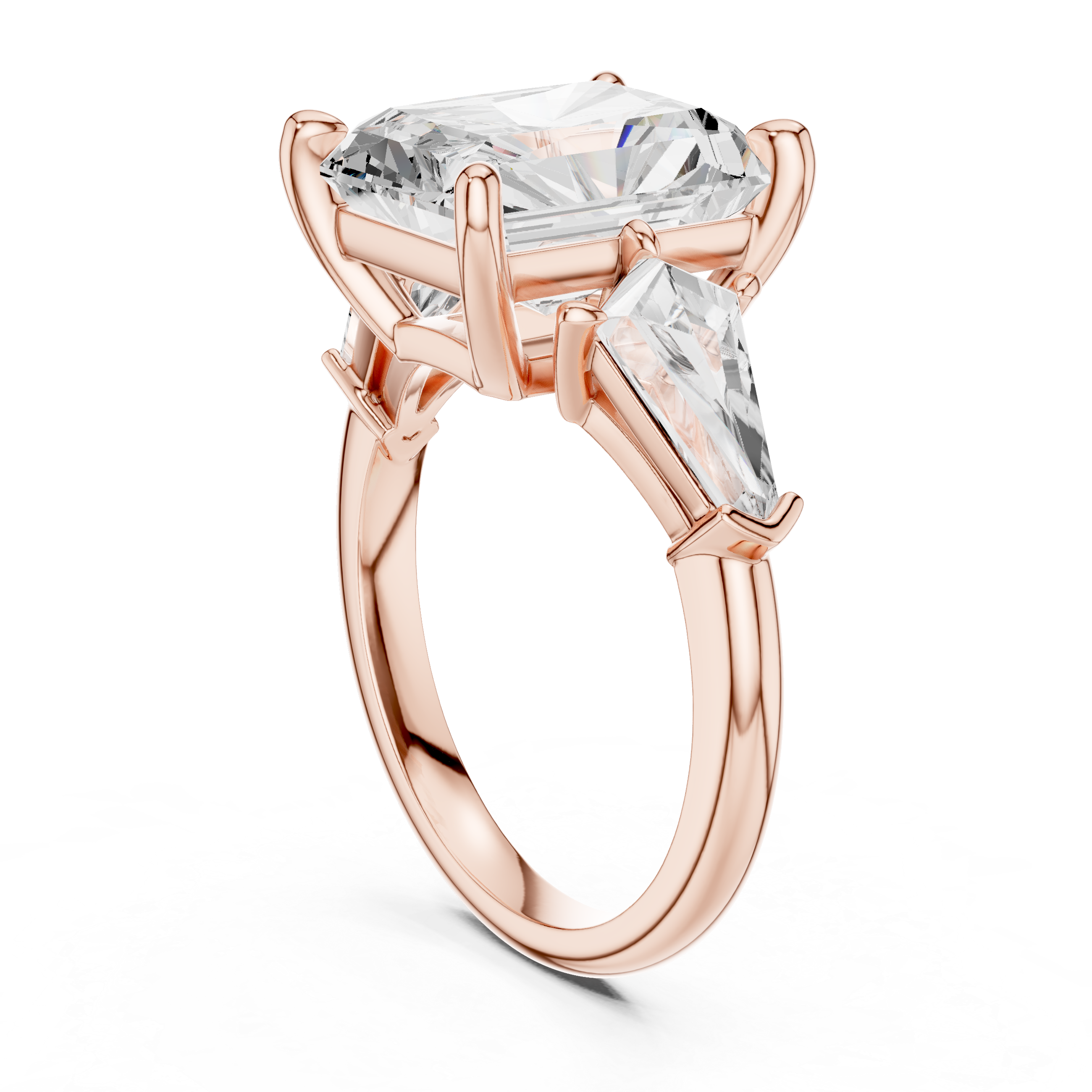 Radiant-Cut Diamond Ring with Trapezoid Side Stones and Classic Prong Setting
