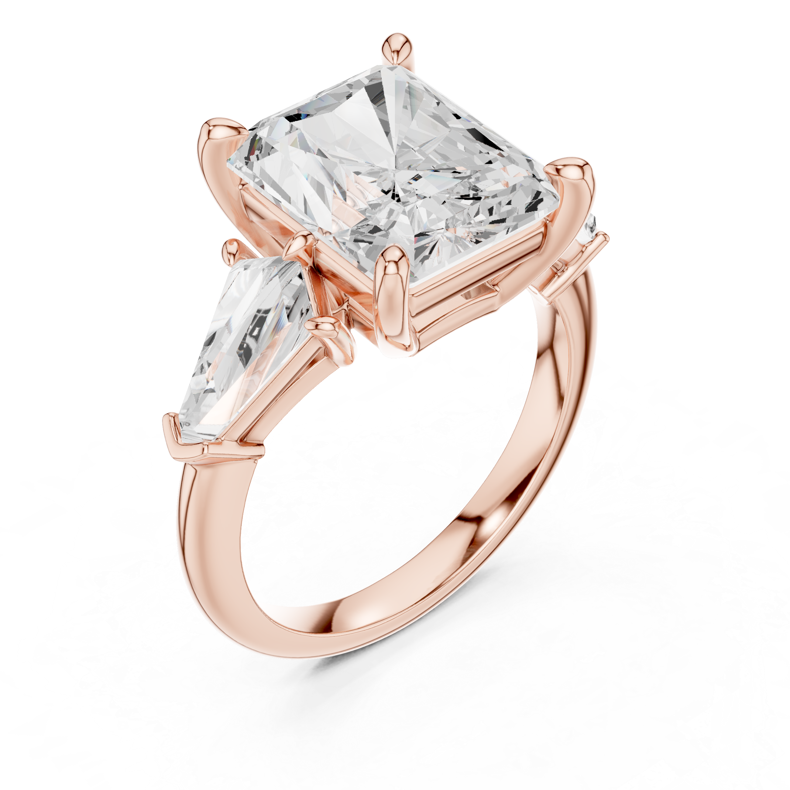 Radiant-Cut Diamond Ring with Trapezoid Side Stones and Classic Prong Setting
