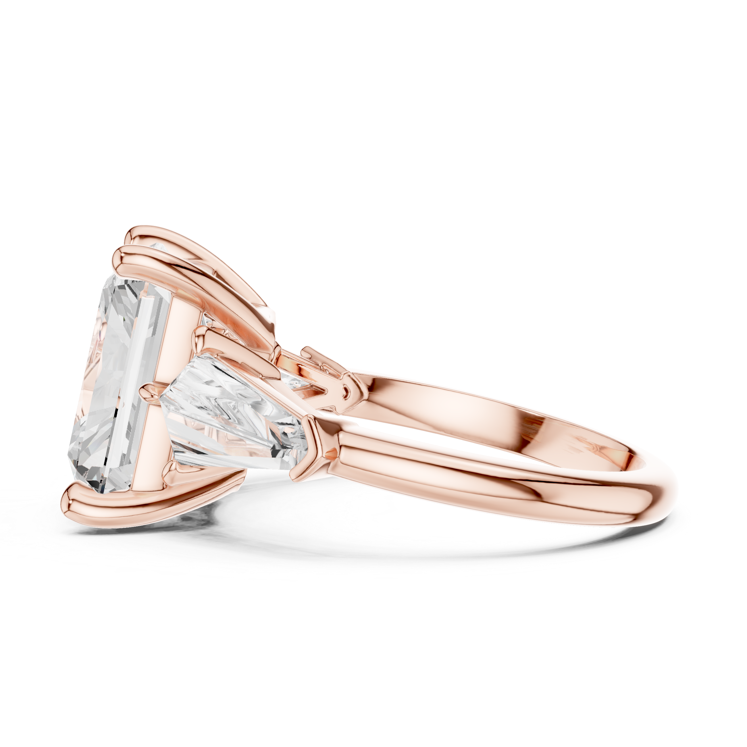 Radiant-Cut Diamond Ring with Trapezoid Side Stones and Classic Prong Setting