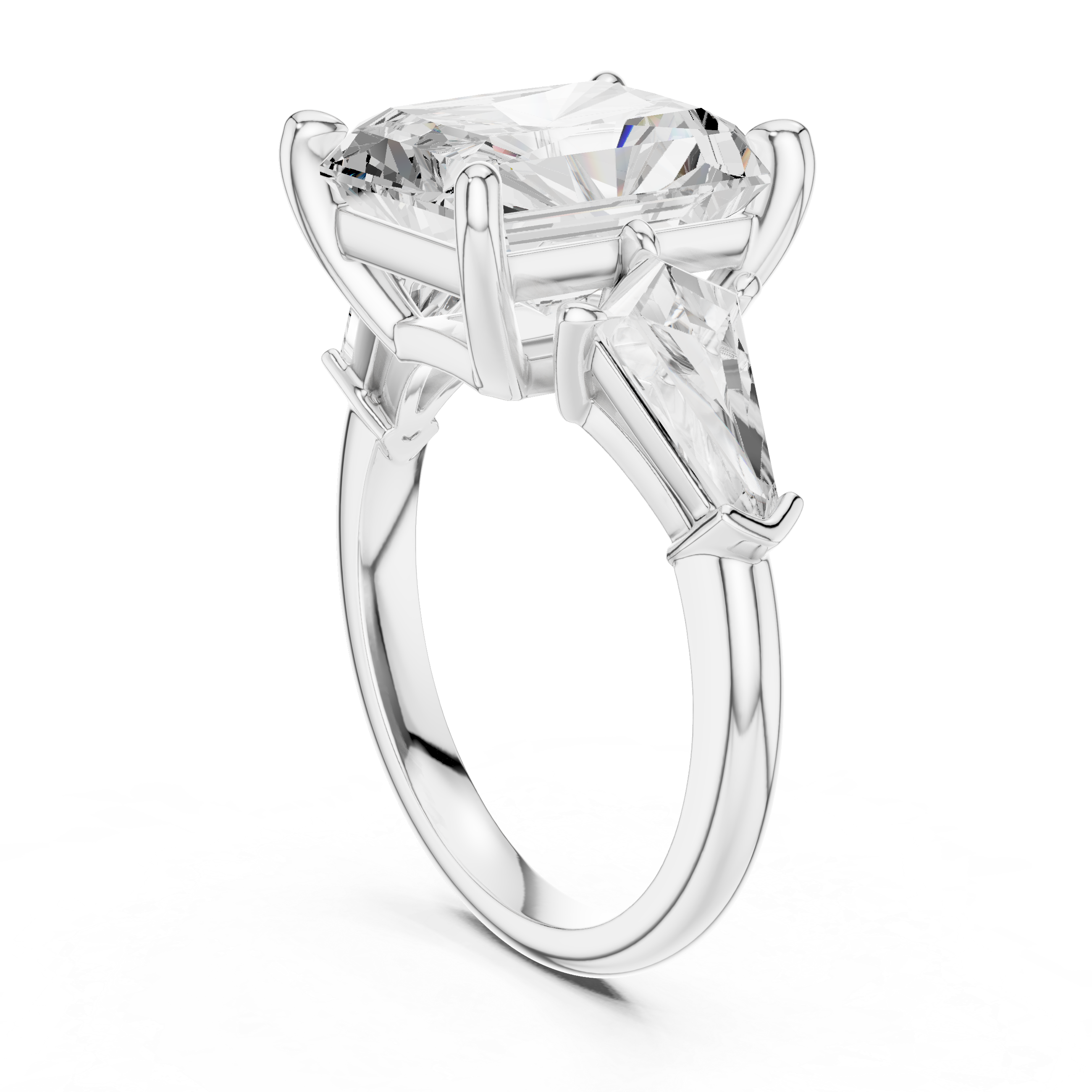 Radiant-Cut Diamond Ring with Trapezoid Side Stones and Classic Prong Setting