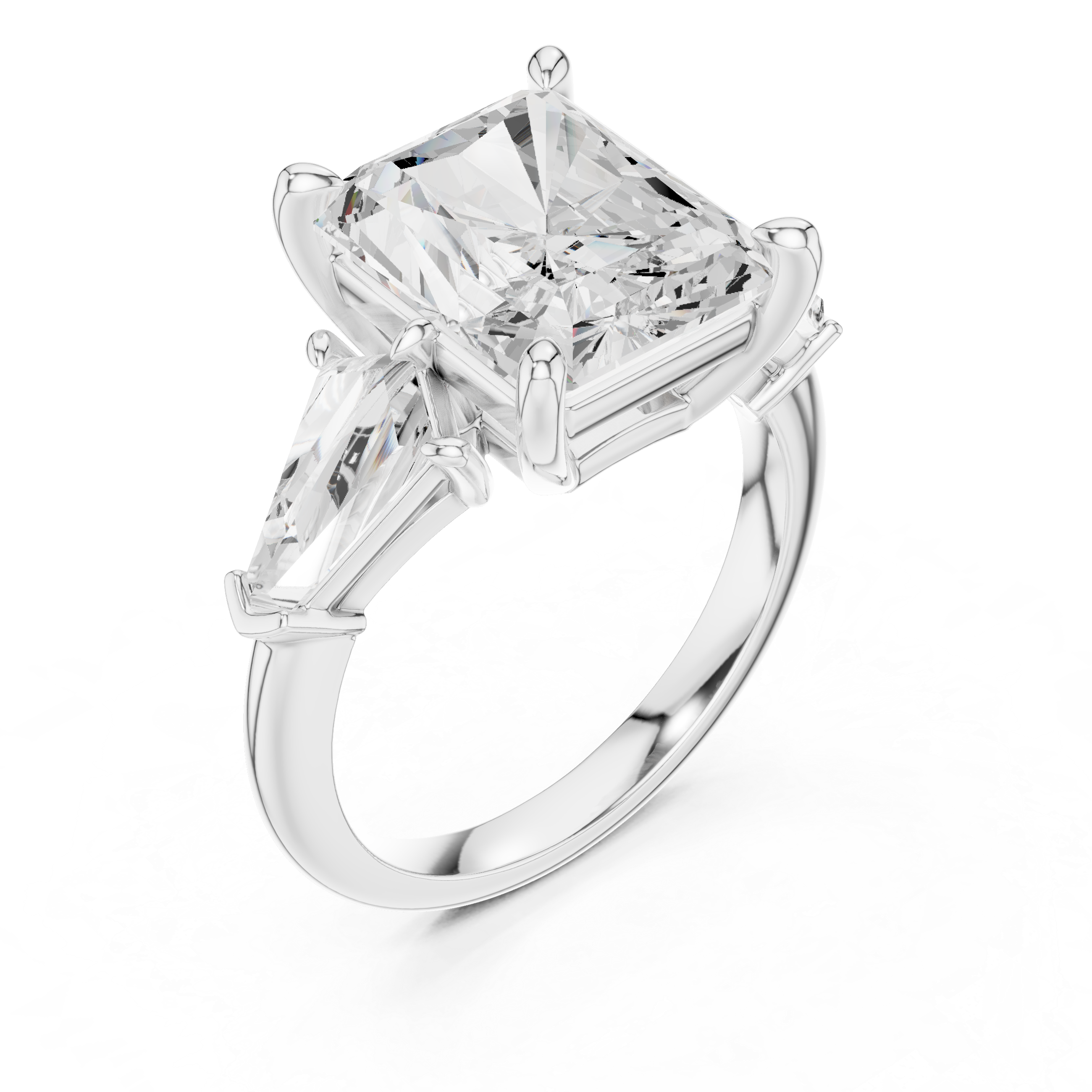 Radiant-Cut Diamond Ring with Trapezoid Side Stones and Classic Prong Setting
