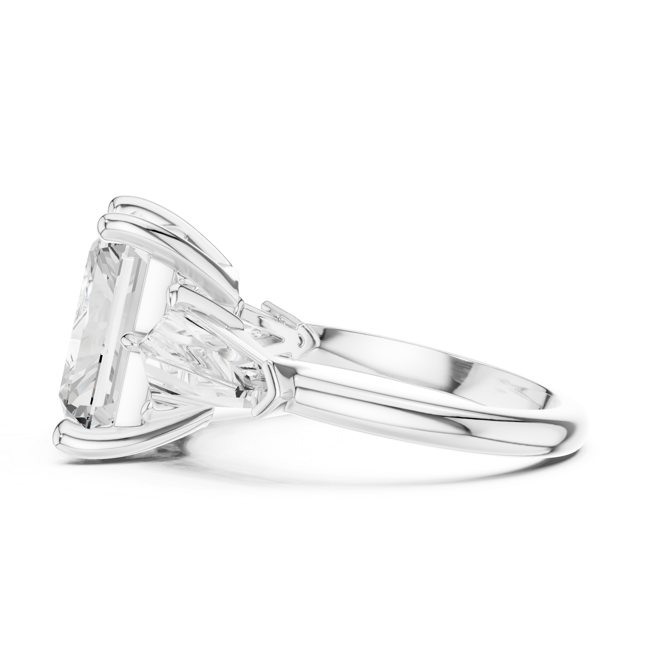 Radiant-Cut Diamond Ring with Trapezoid Side Stones and Classic Prong Setting