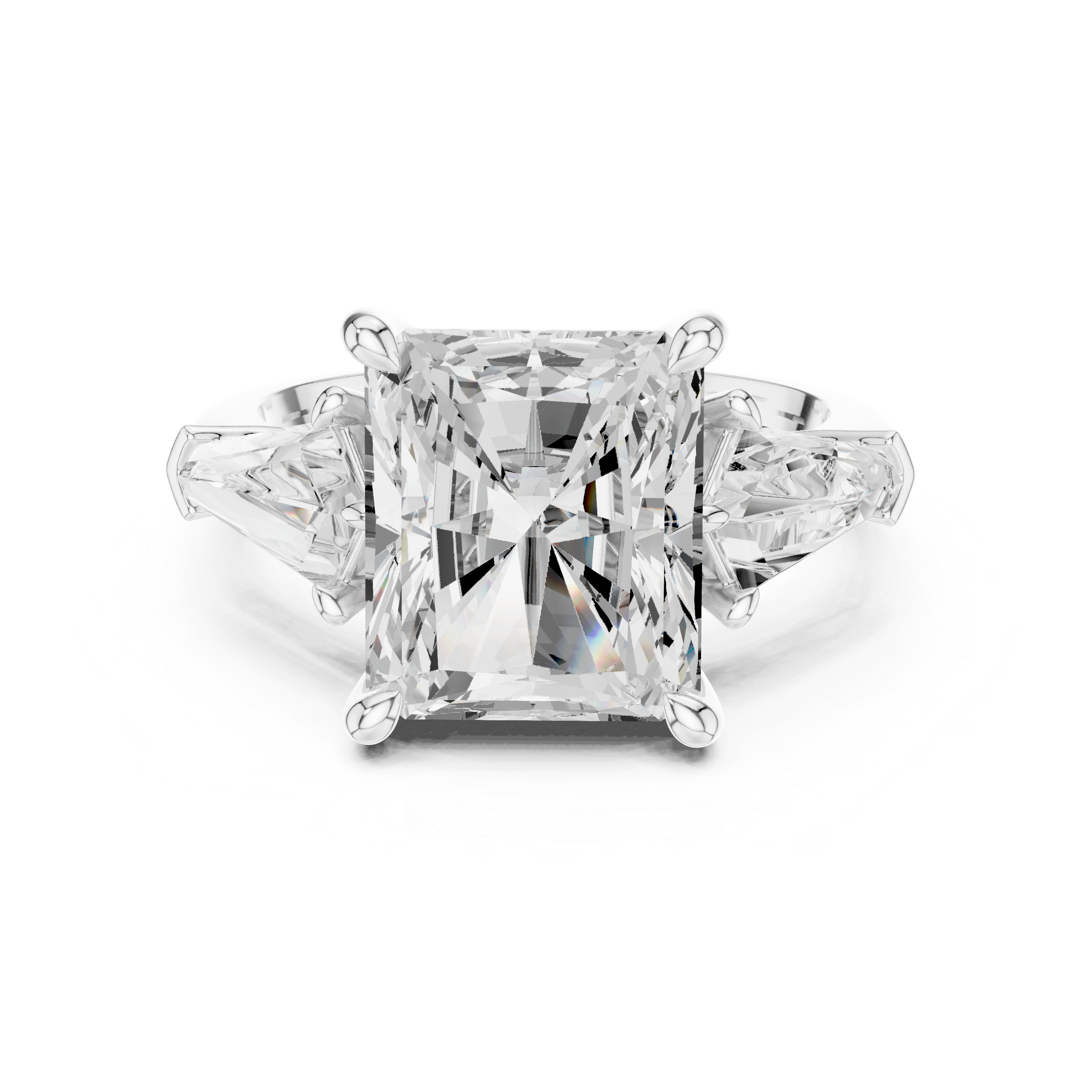 Radiant-Cut Diamond Ring with Trapezoid Side Stones and Classic Prong Setting