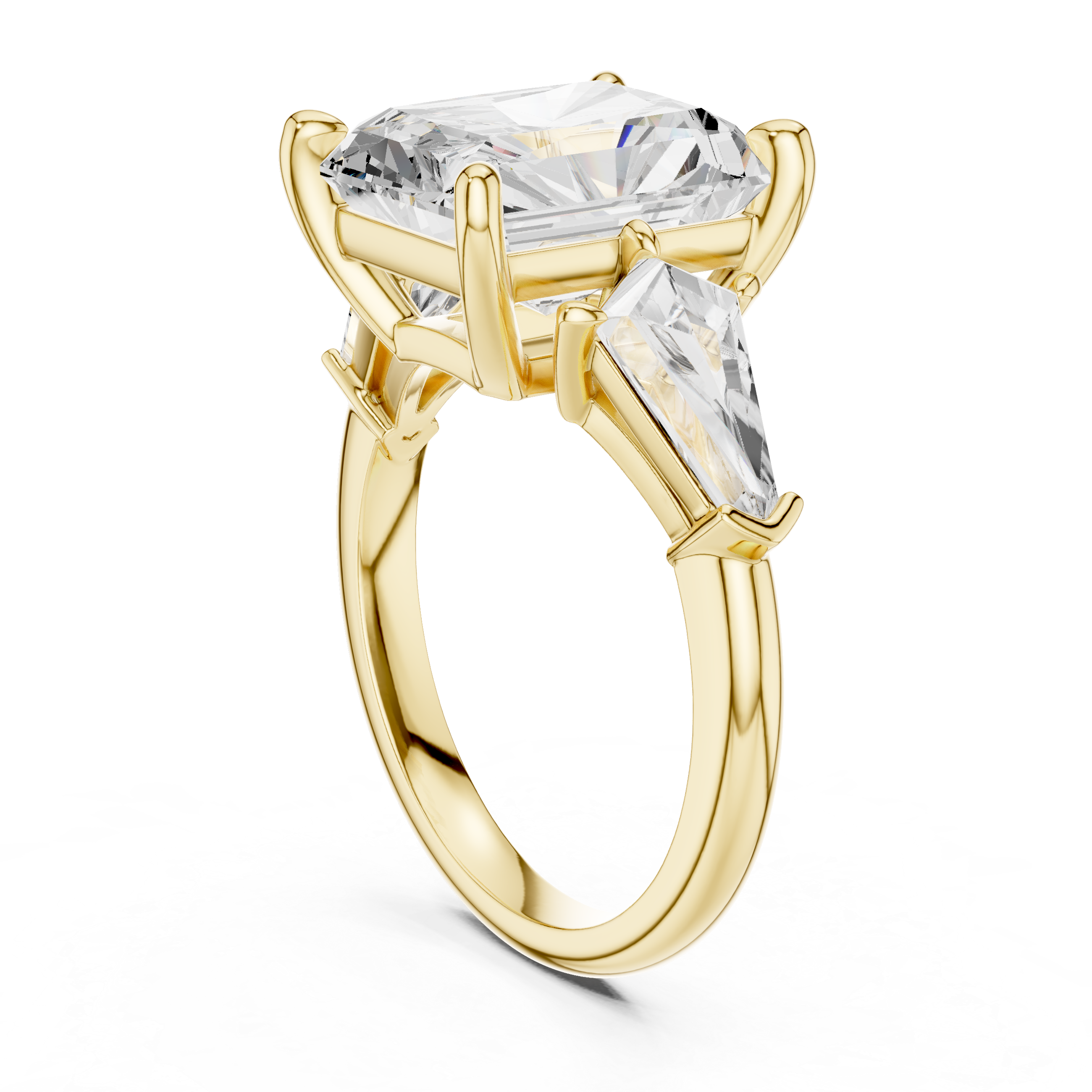 Radiant-Cut Diamond Ring with Trapezoid Side Stones and Classic Prong Setting