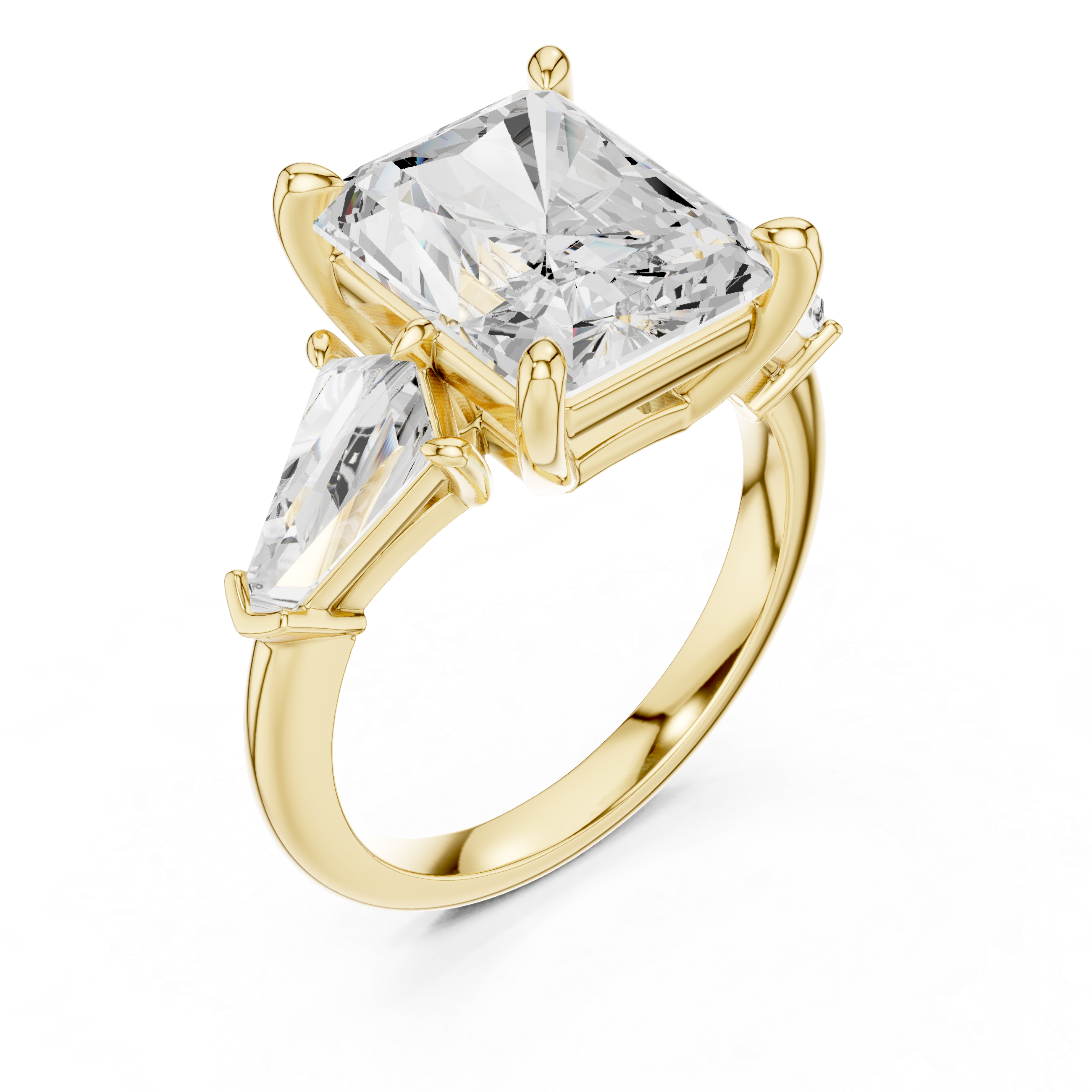 Radiant-Cut Diamond Ring with Trapezoid Side Stones and Classic Prong Setting
