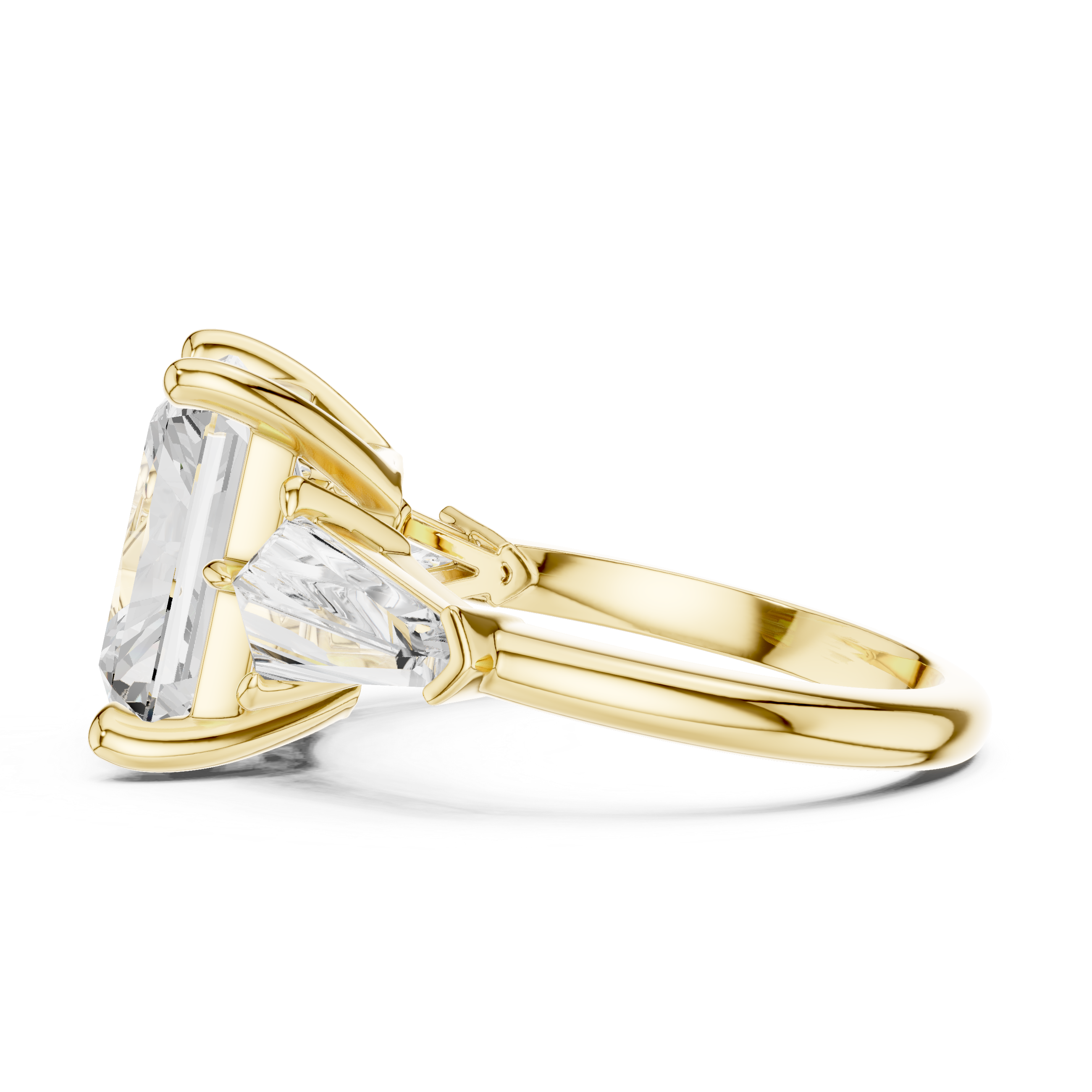 Radiant-Cut Diamond Ring with Trapezoid Side Stones and Classic Prong Setting