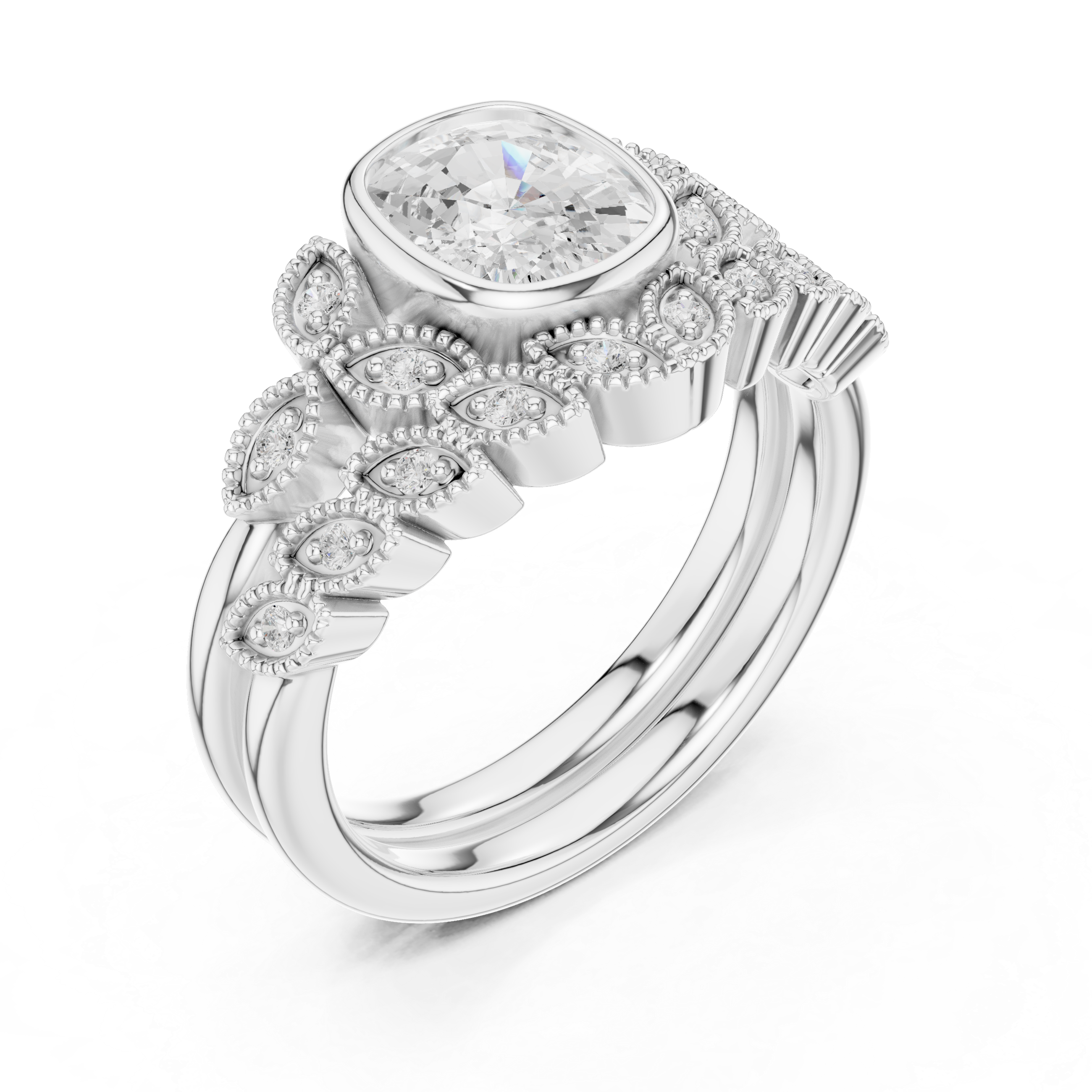 Cushion-Cut Diamond Ring with Intricate Vintage-Inspired Milgrain