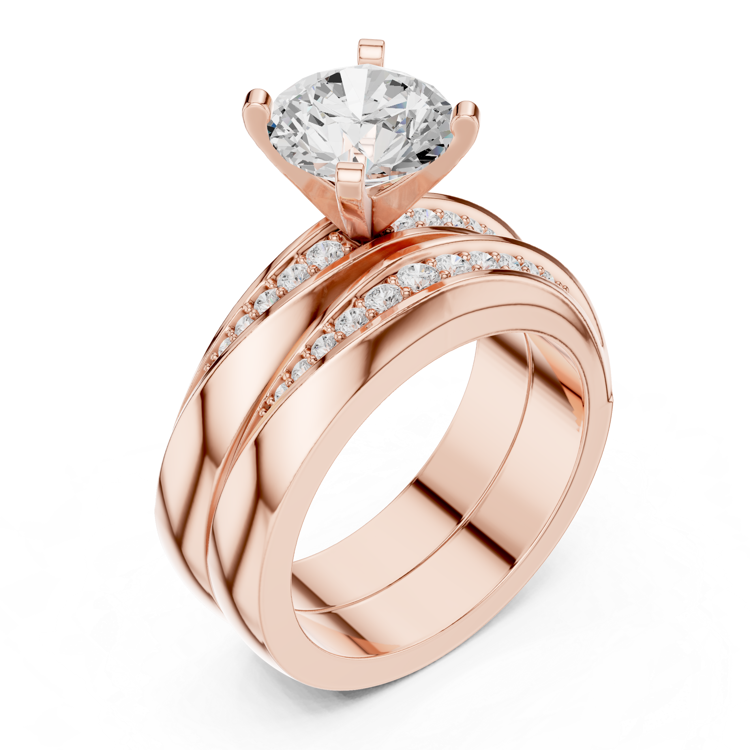 Round-Cut Diamond Ring with Split Shank and Pav‚ Accents