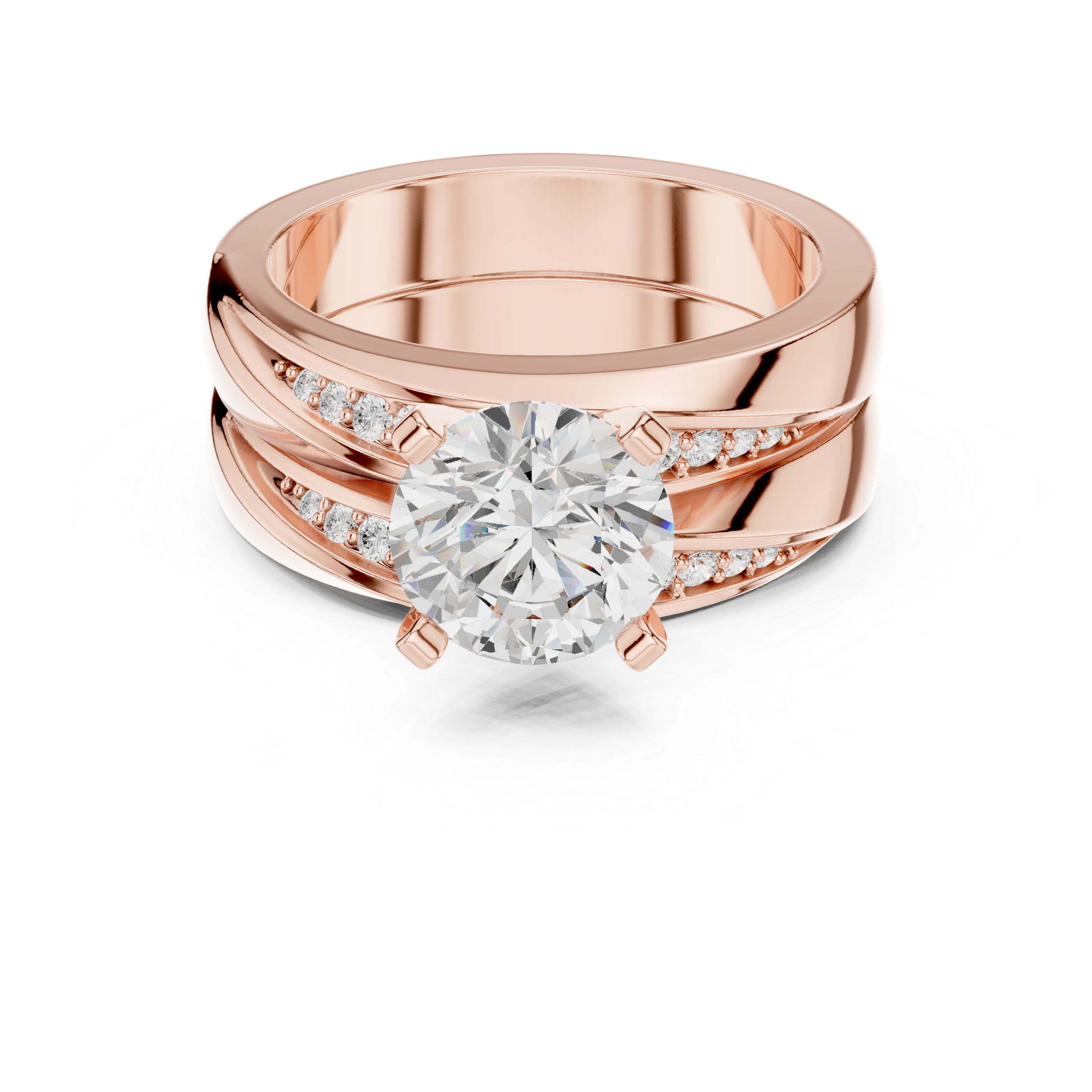 Round-Cut Diamond Ring with Split Shank and Pav‚ Accents