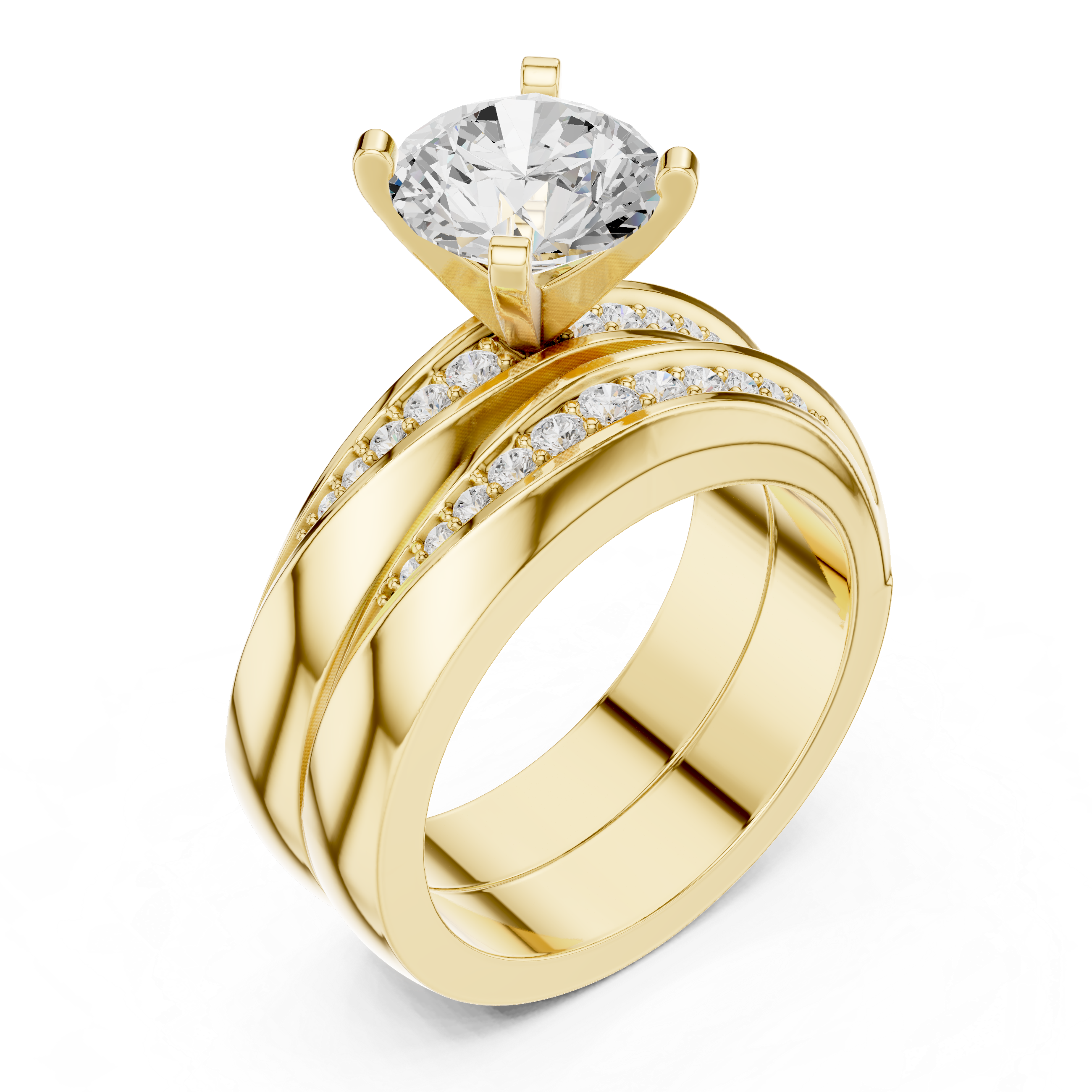 Round-Cut Diamond Ring with Split Shank and Pav‚ Accents