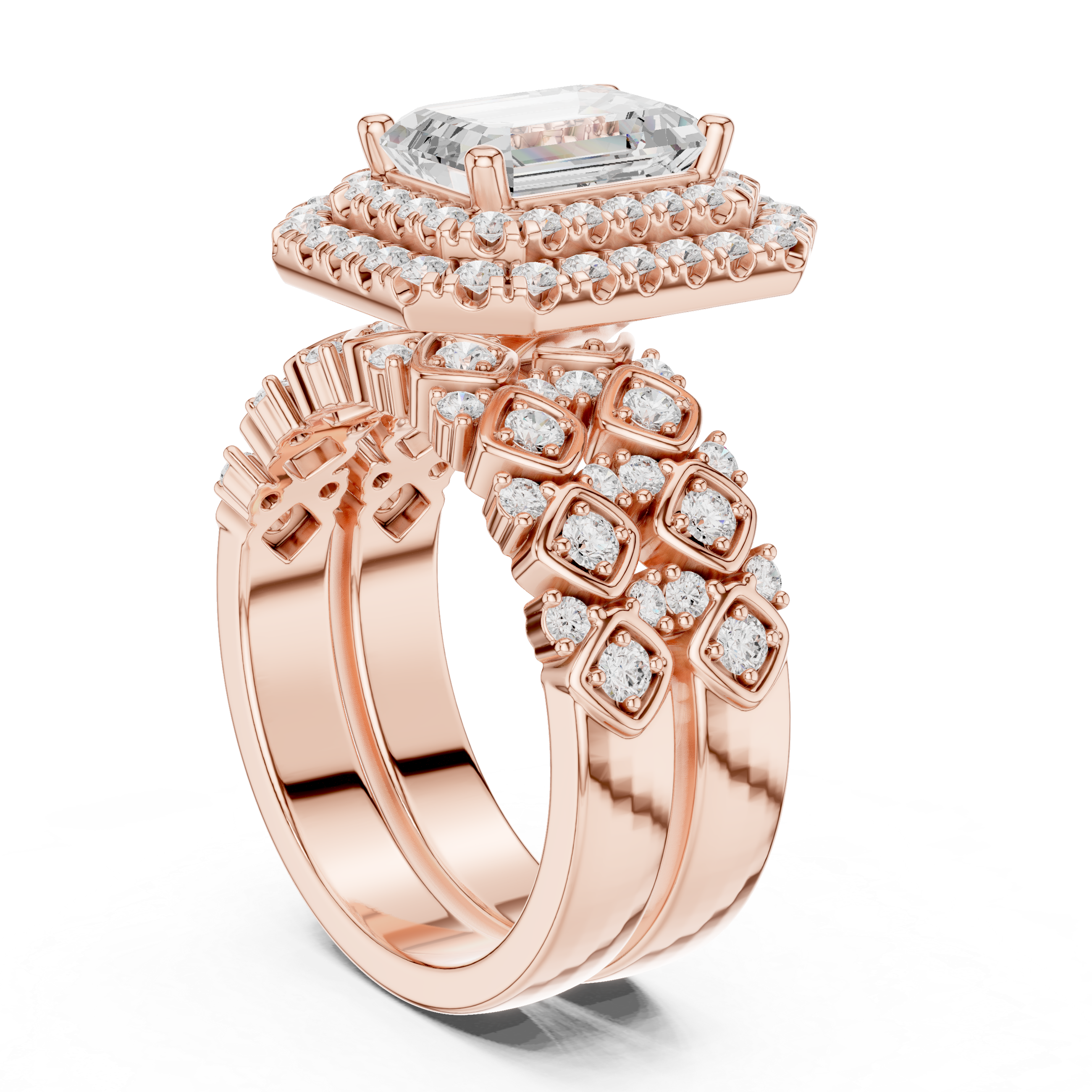 Emerald-Cut Diamond Double Halo Ring with Intricate