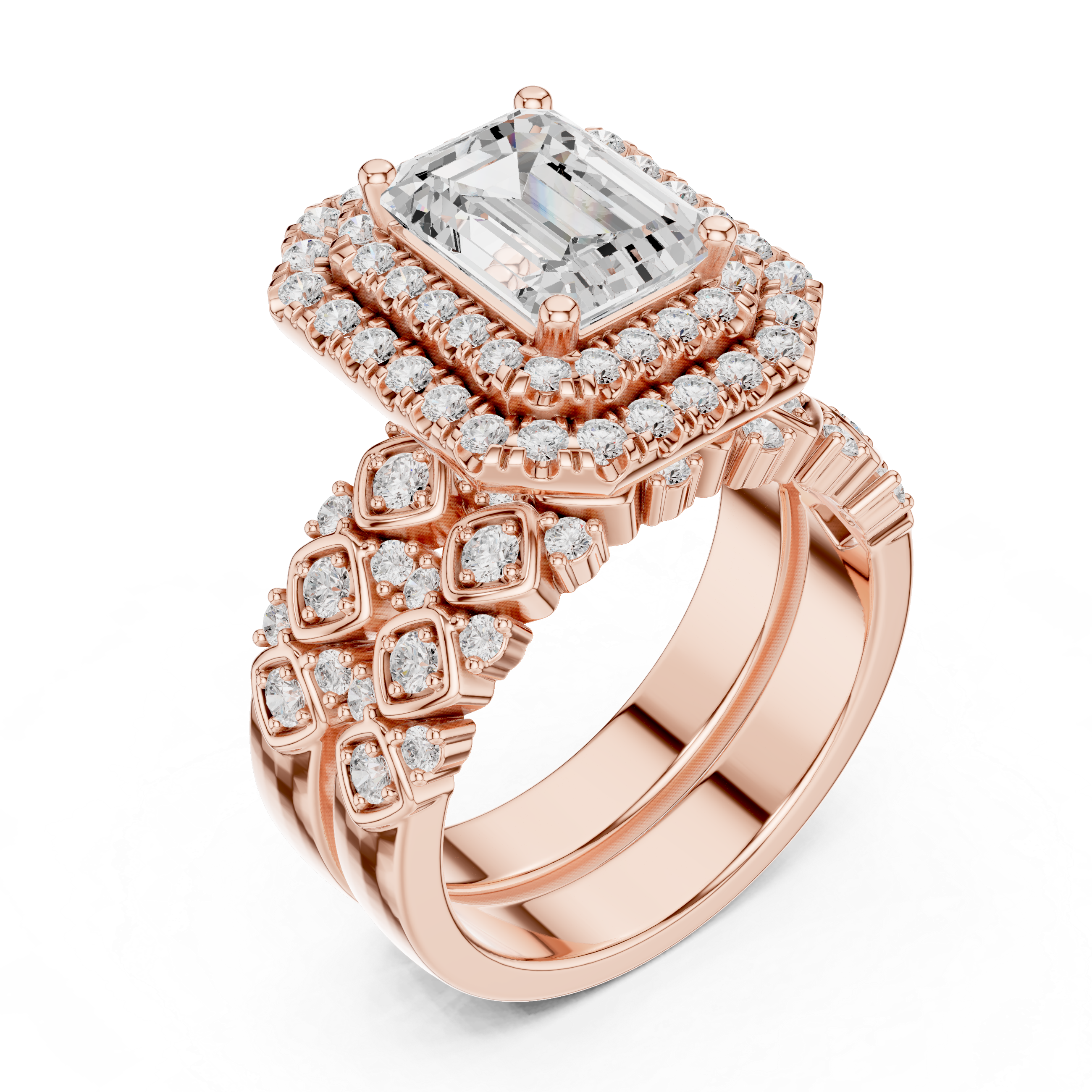 Emerald-Cut Diamond Double Halo Ring with Intricate
