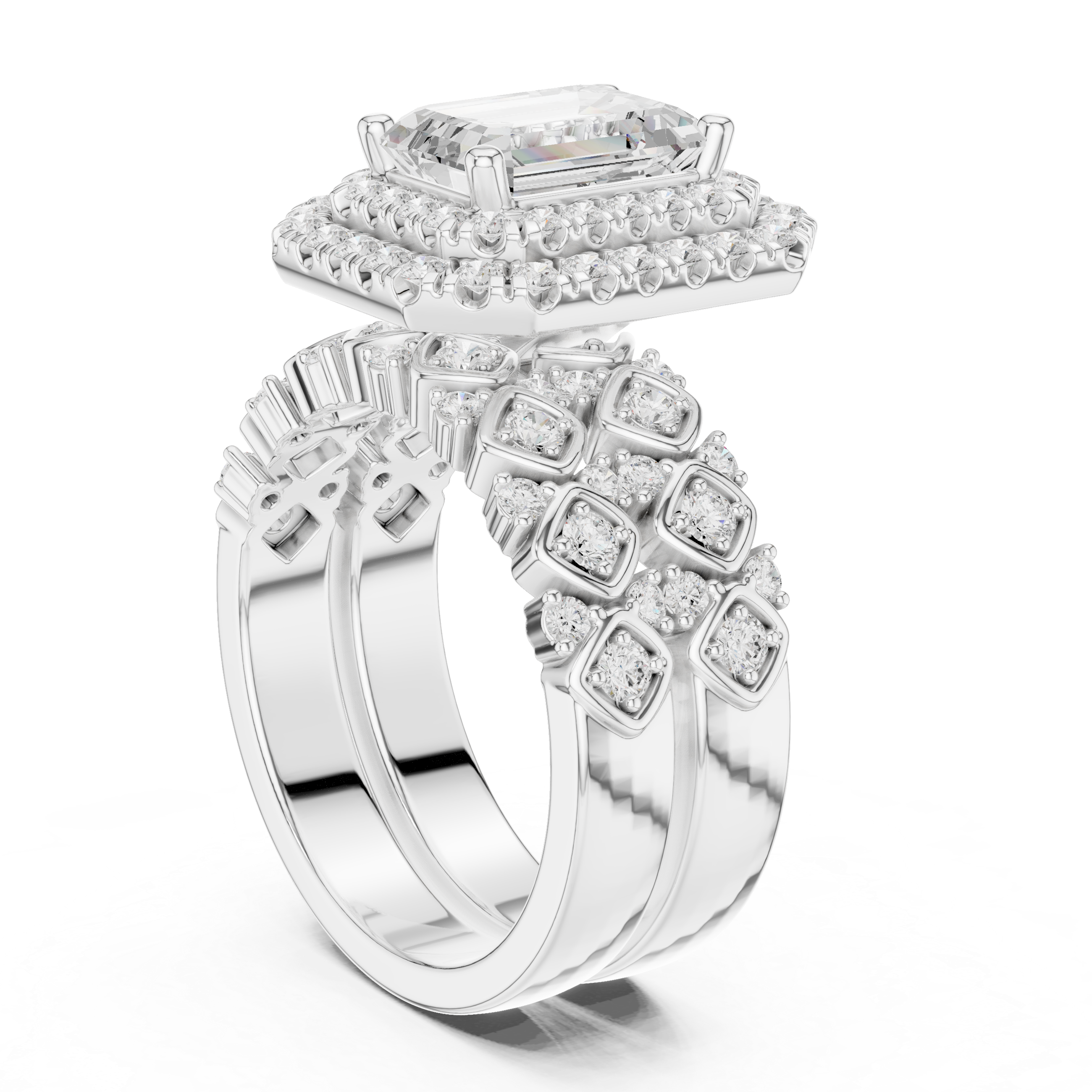 Emerald-Cut Diamond Double Halo Ring with Intricate