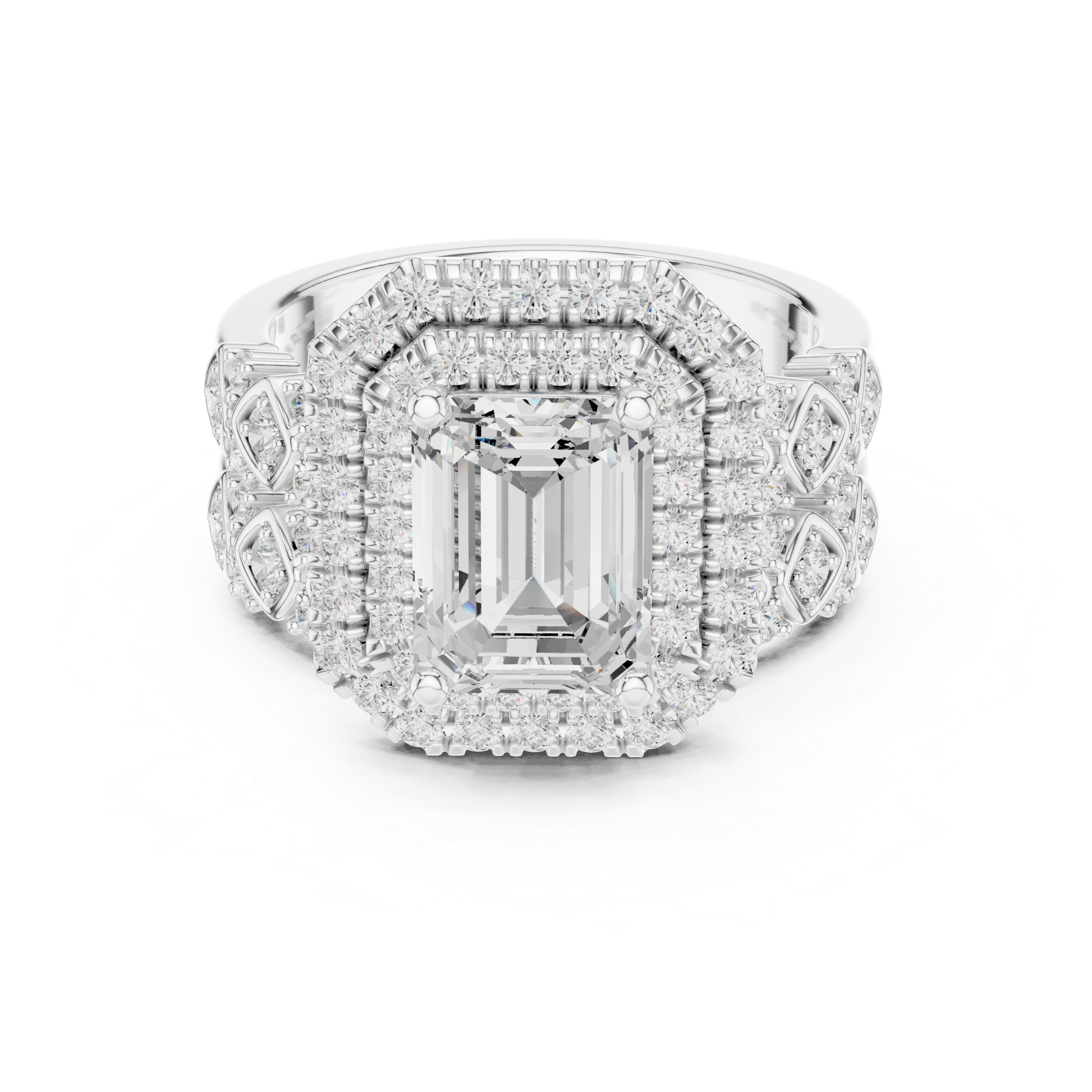 Emerald-Cut Diamond Double Halo Ring with Intricate