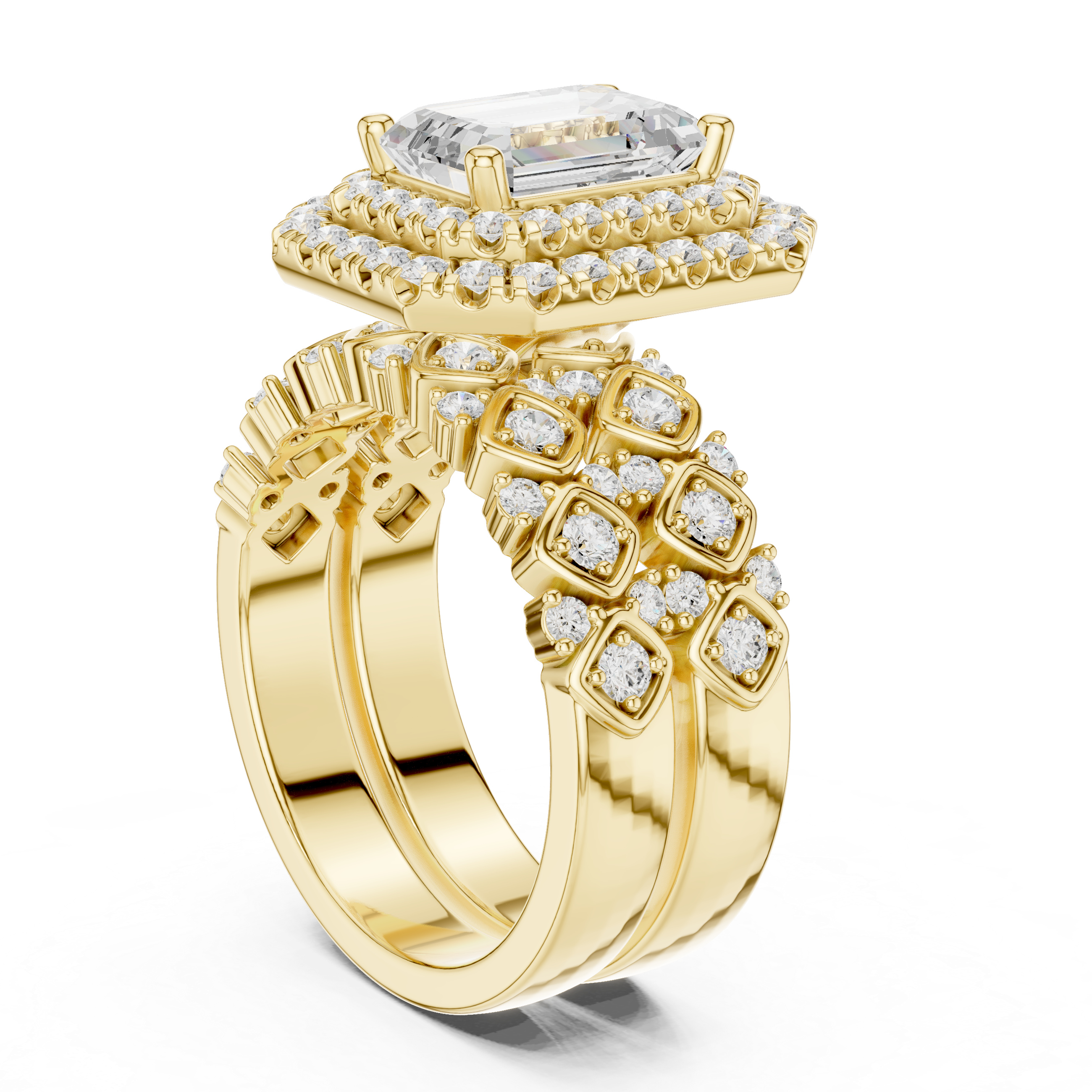 Emerald-Cut Diamond Double Halo Ring with Intricate