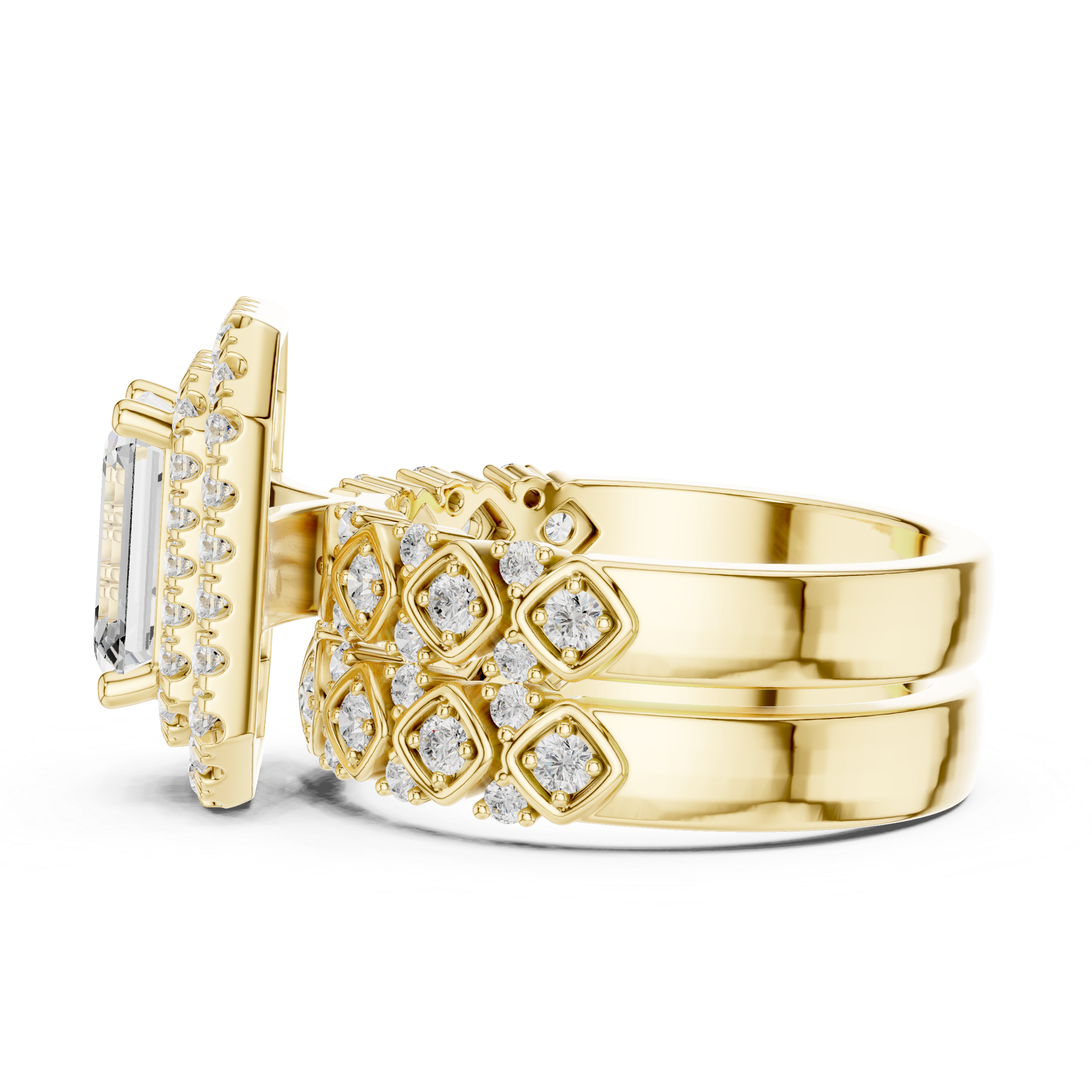 Emerald-Cut Diamond Double Halo Ring with Intricate