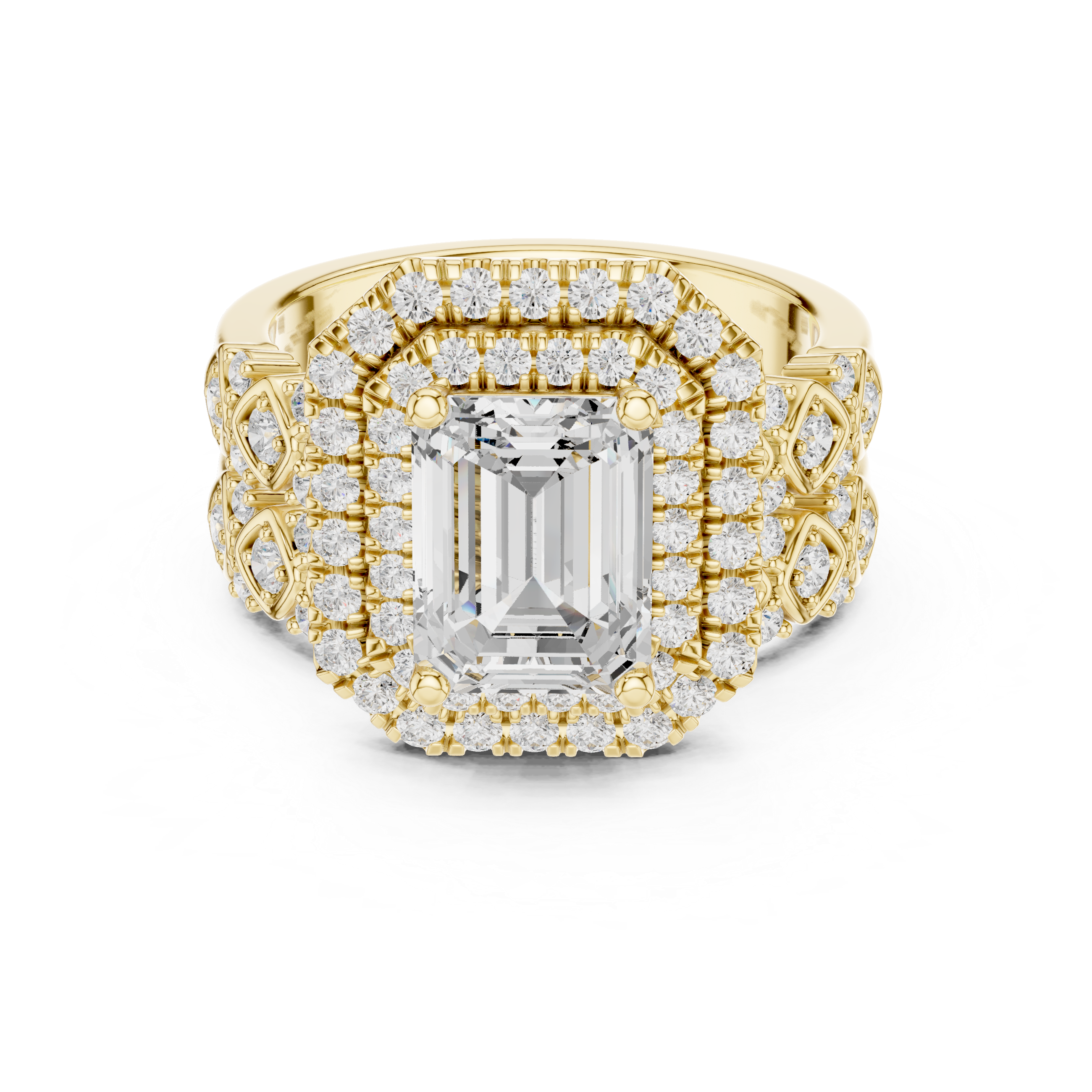 Emerald-Cut Diamond Double Halo Ring with Intricate