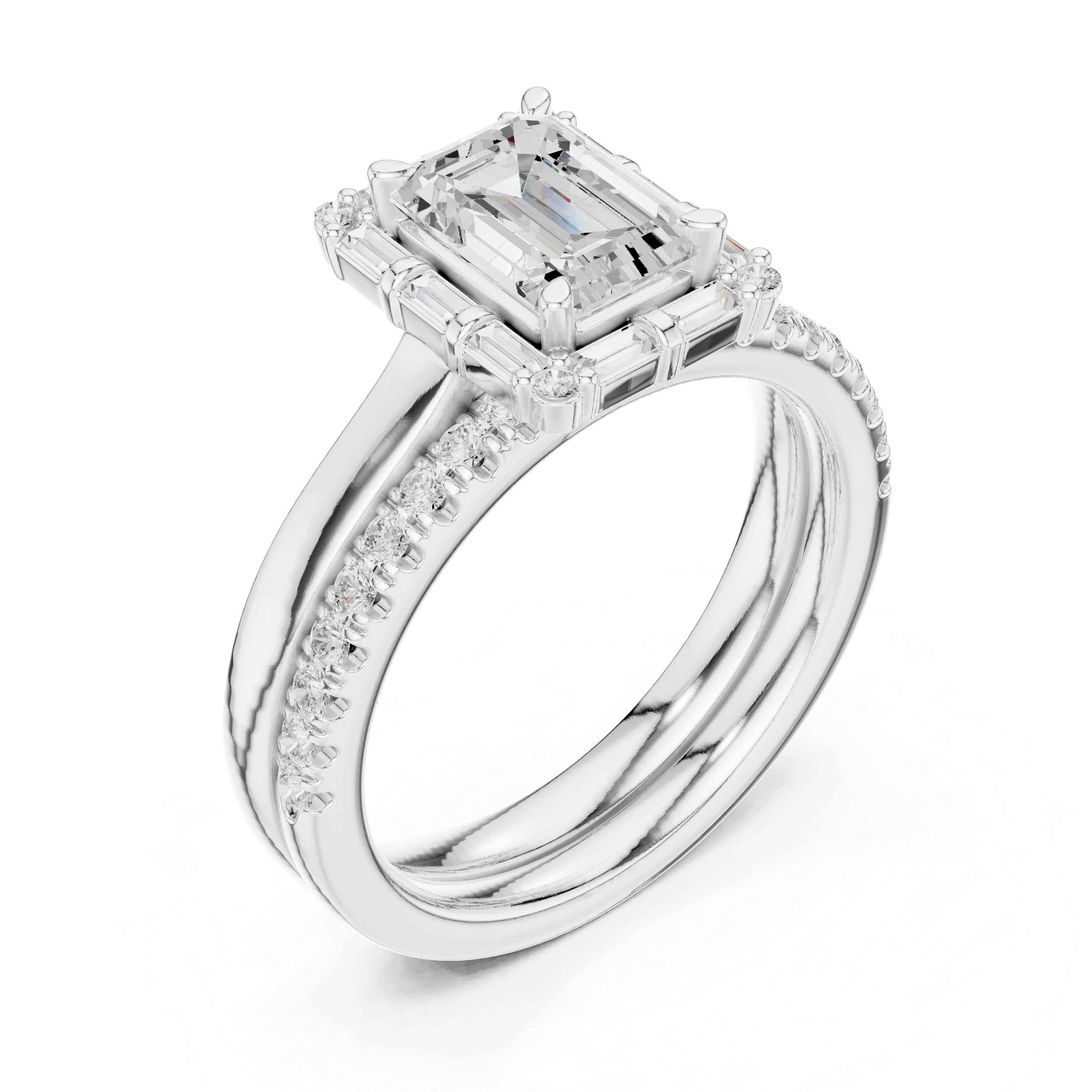 Emerald-Cut Halo Engagement Ring with Baguette and Round Diamonds
