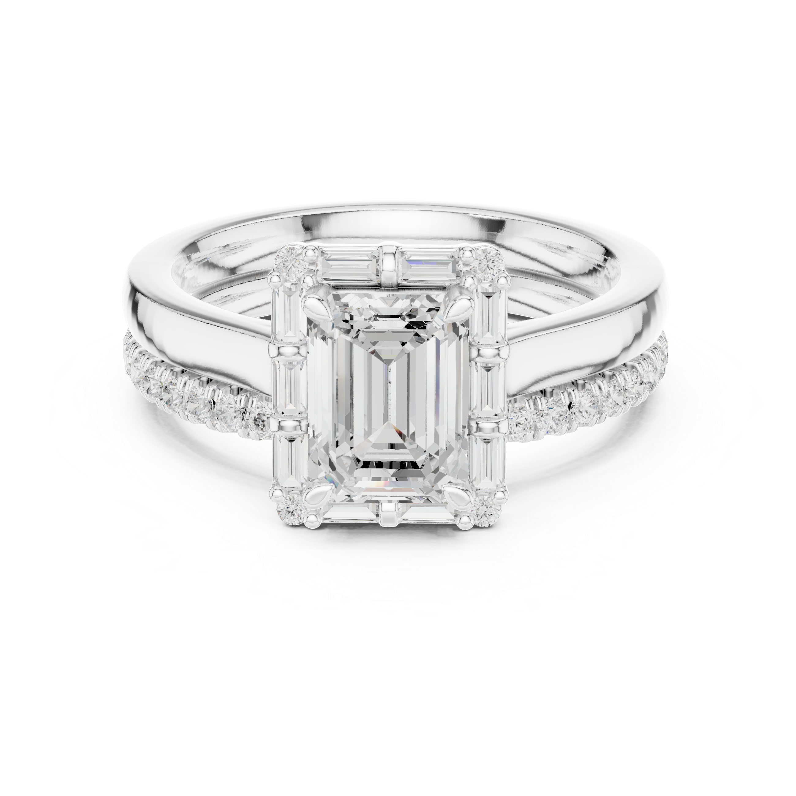 Emerald-Cut Halo Engagement Ring with Baguette and Round Diamonds
