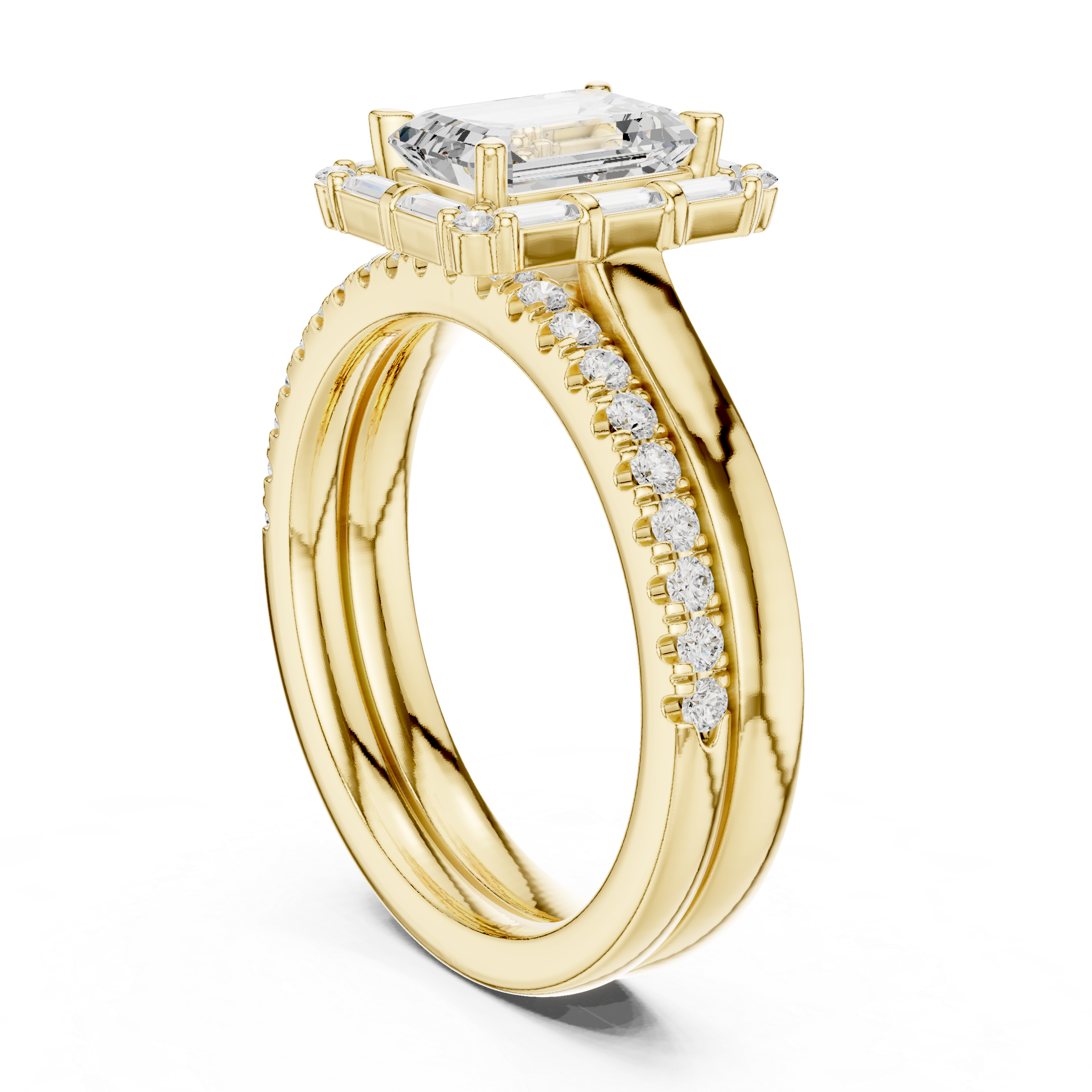 Emerald-Cut Halo Engagement Ring with Baguette and Round Diamonds