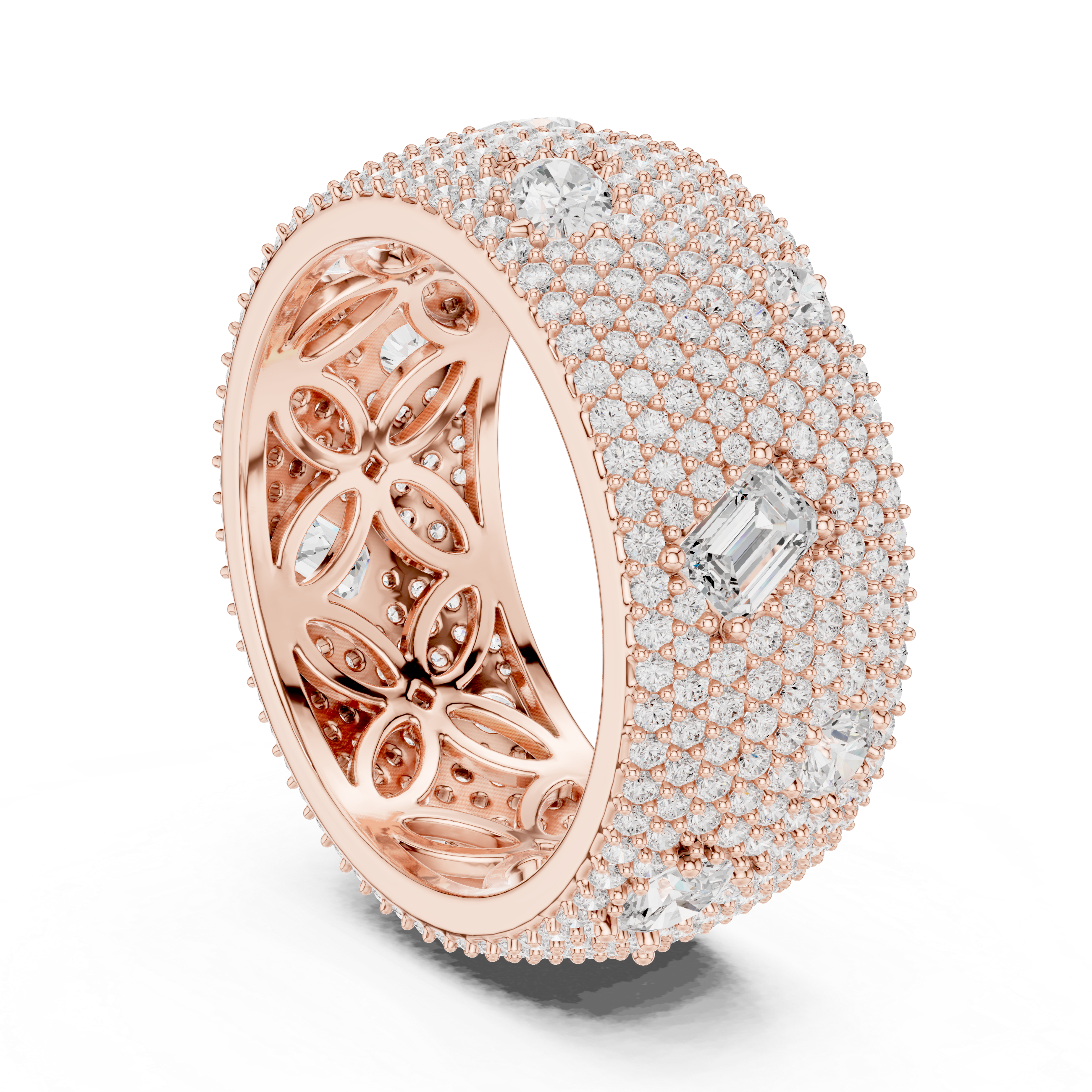Round diamonds with scattered pear-shaped diamonds and an ornate filigree inner design.