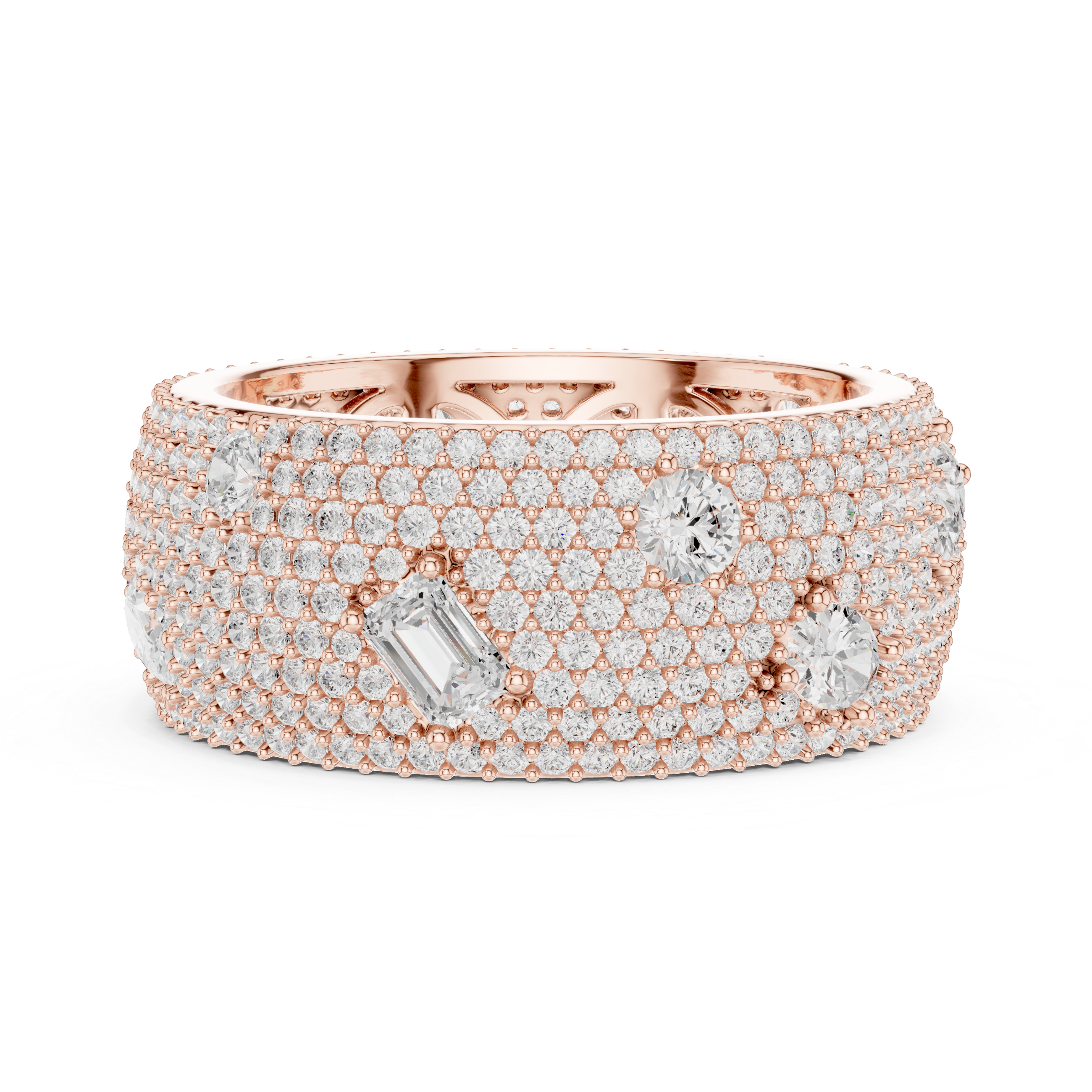Round diamonds with scattered pear-shaped diamonds and an ornate filigree inner design.