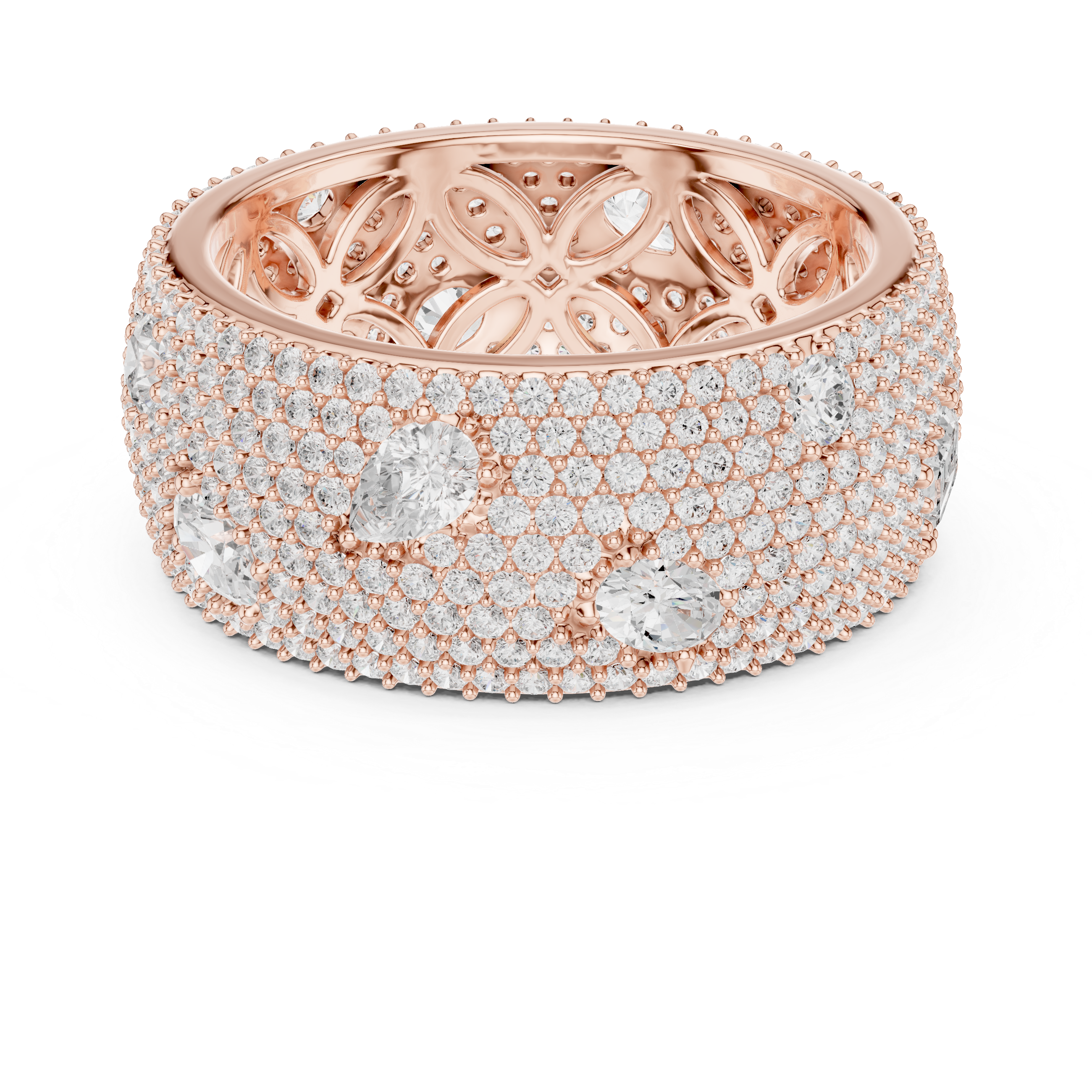 Round diamonds with scattered pear-shaped diamonds and an ornate filigree inner design.