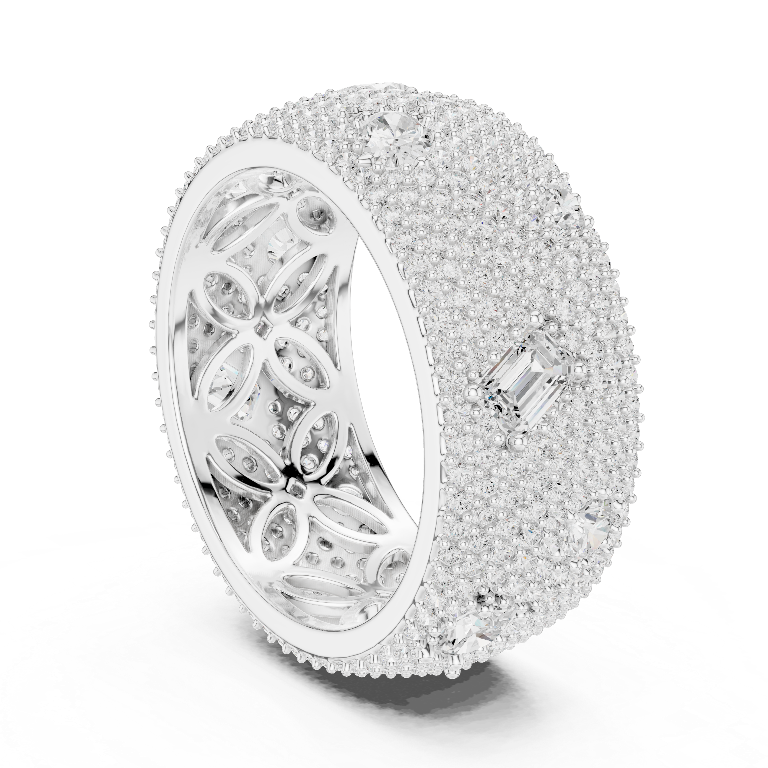 Round diamonds with scattered pear-shaped diamonds and an ornate filigree inner design.