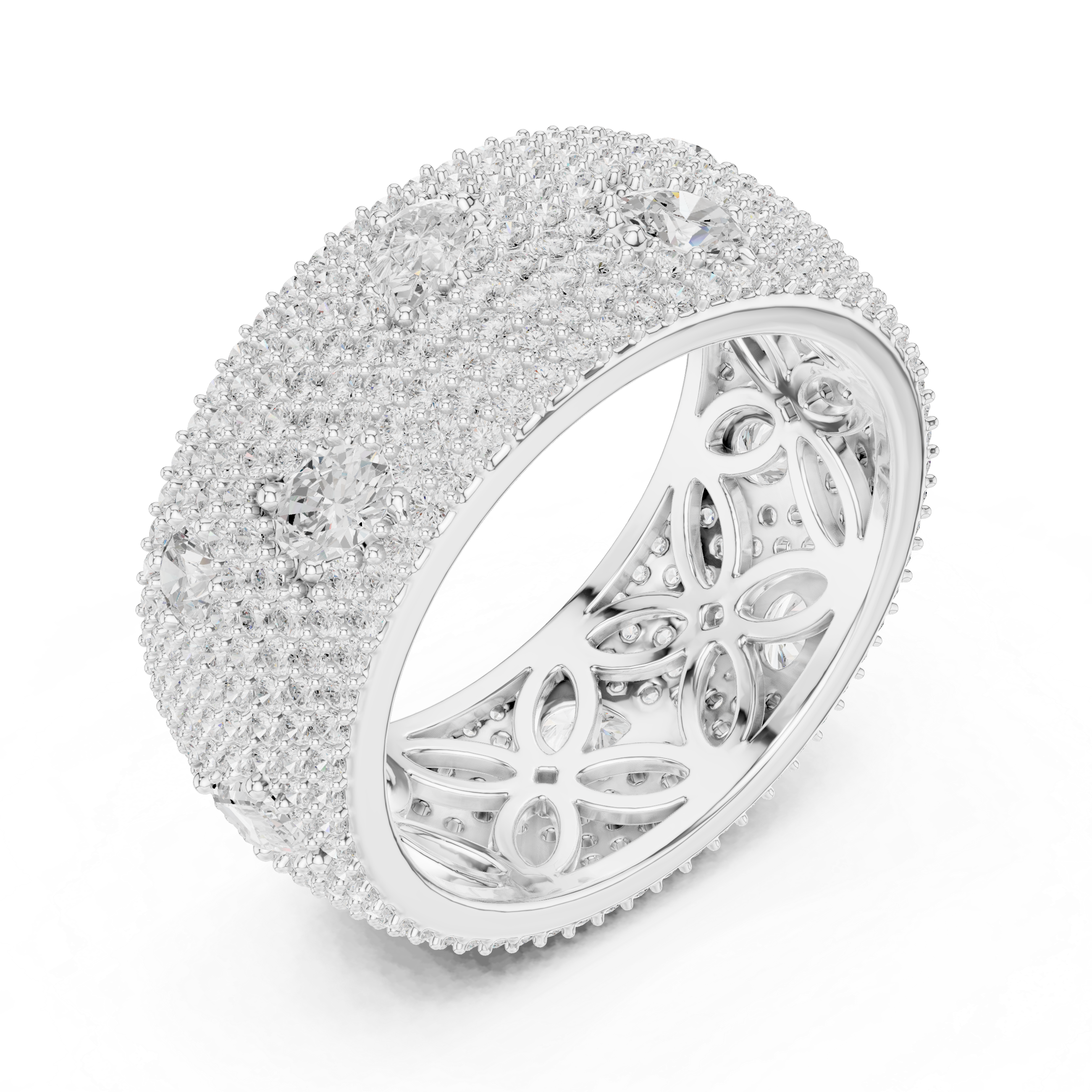 Round diamonds with scattered pear-shaped diamonds and an ornate filigree inner design.