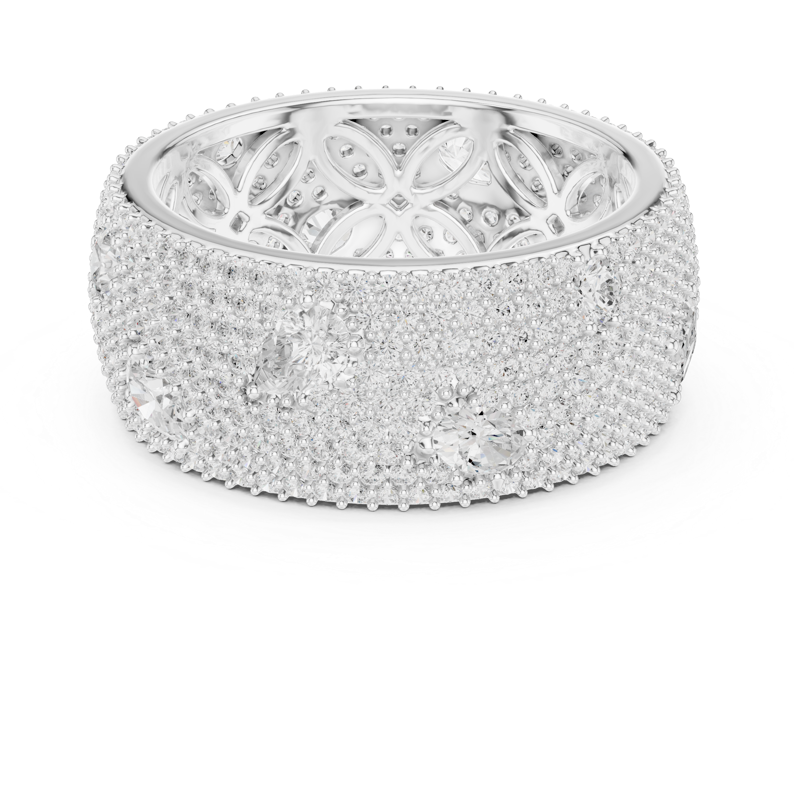 Round diamonds with scattered pear-shaped diamonds and an ornate filigree inner design.