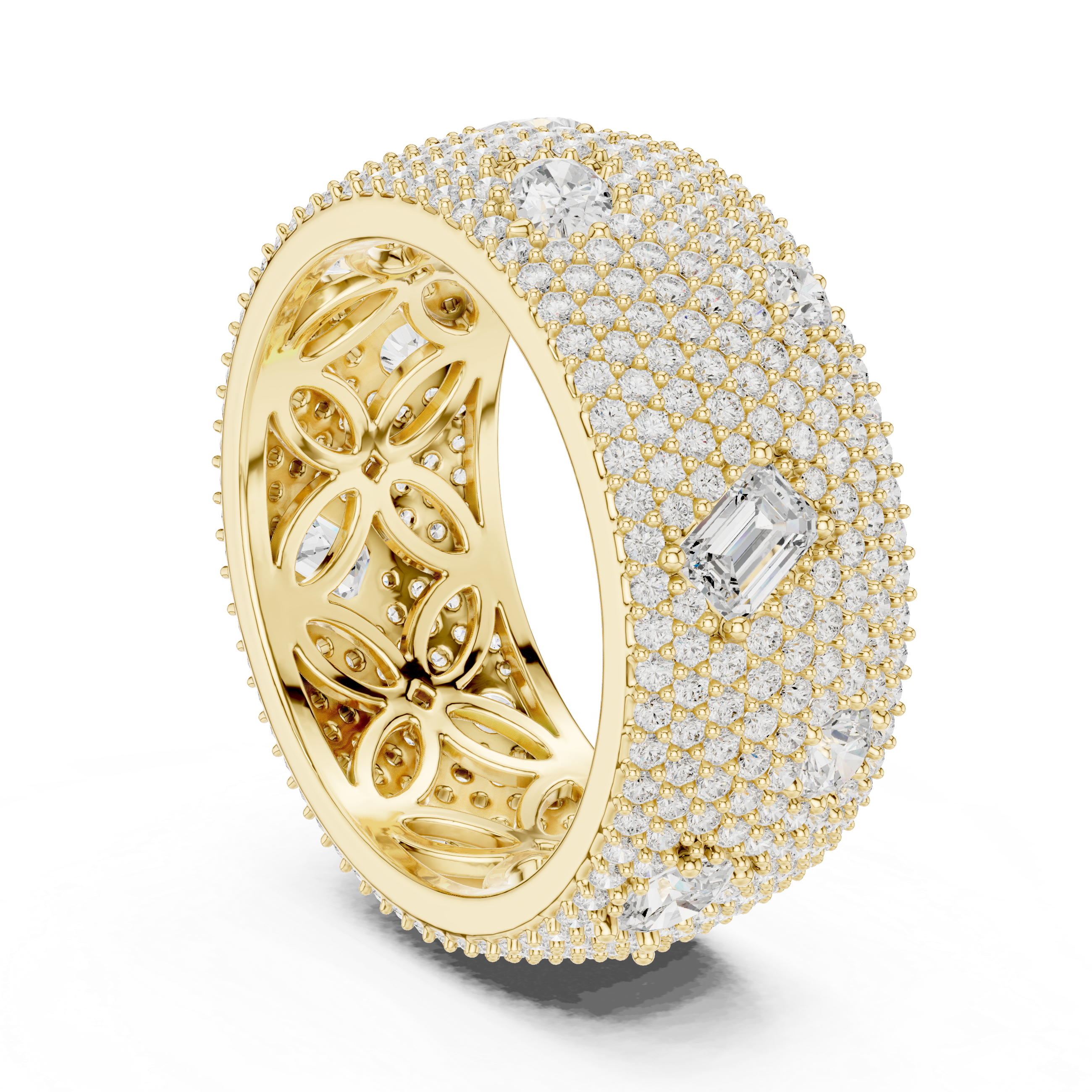 Round diamonds with scattered pear-shaped diamonds and an ornate filigree inner design.