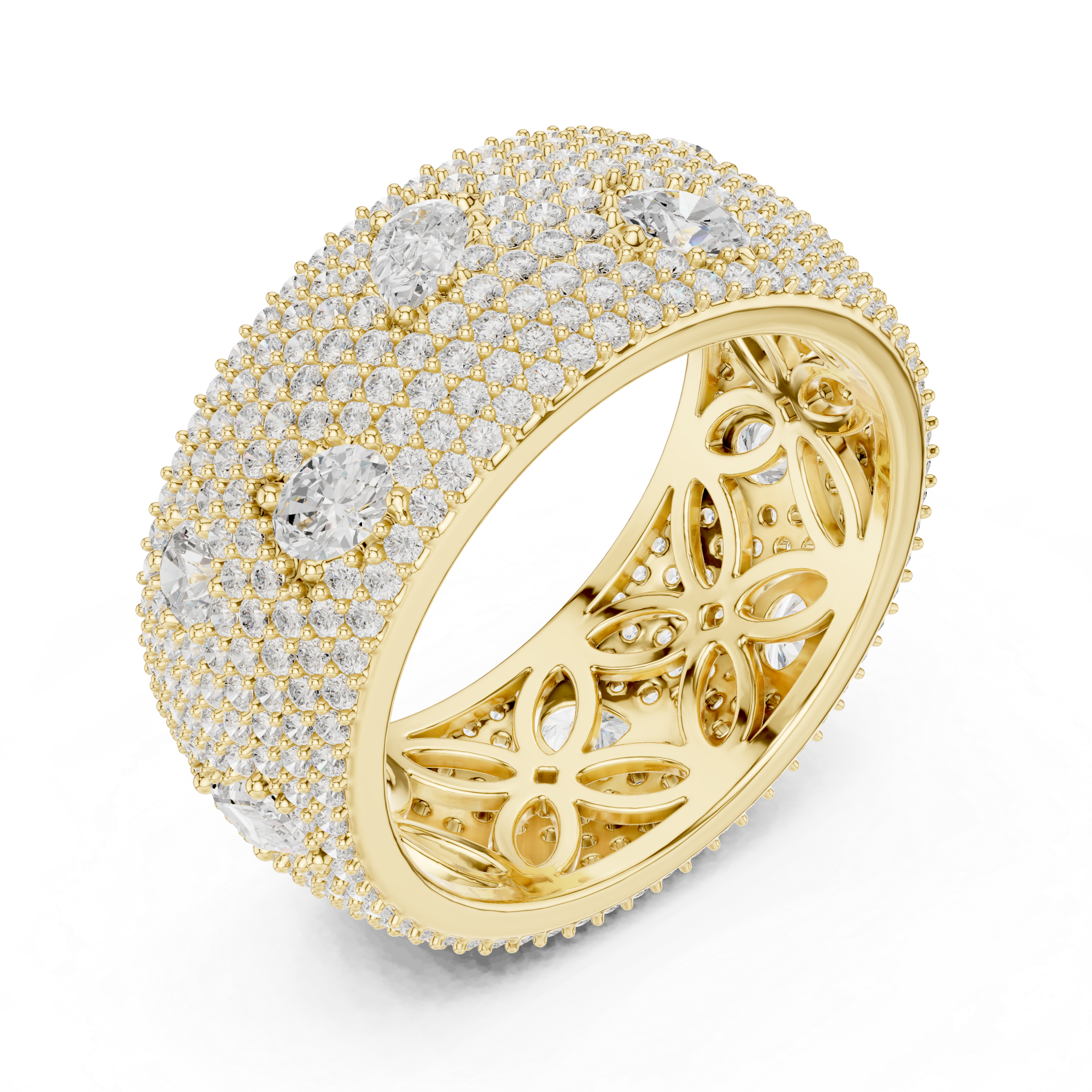 Round diamonds with scattered pear-shaped diamonds and an ornate filigree inner design.