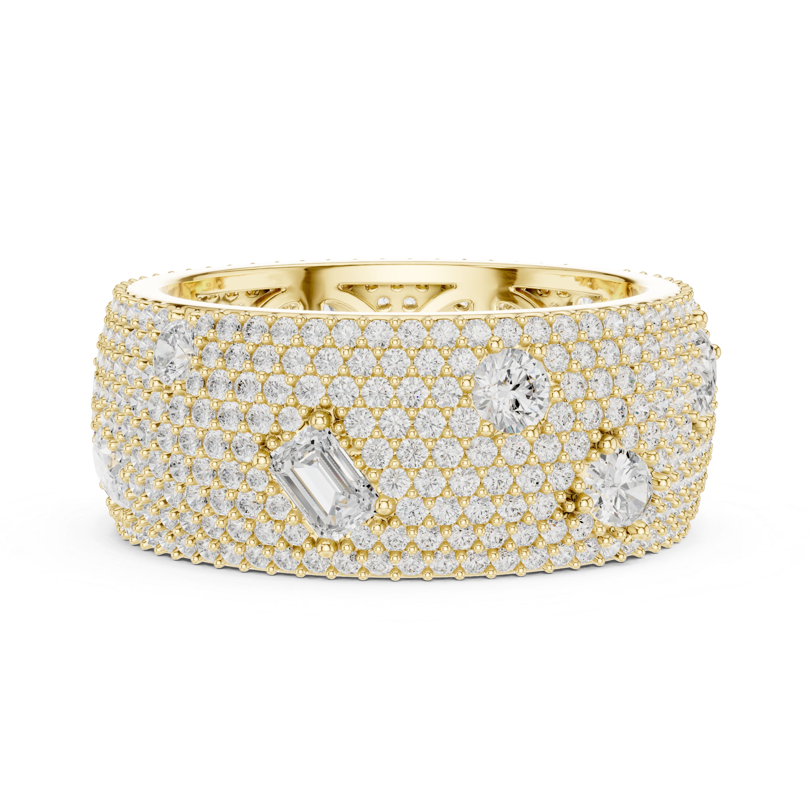 Round diamonds with scattered pear-shaped diamonds and an ornate filigree inner design.