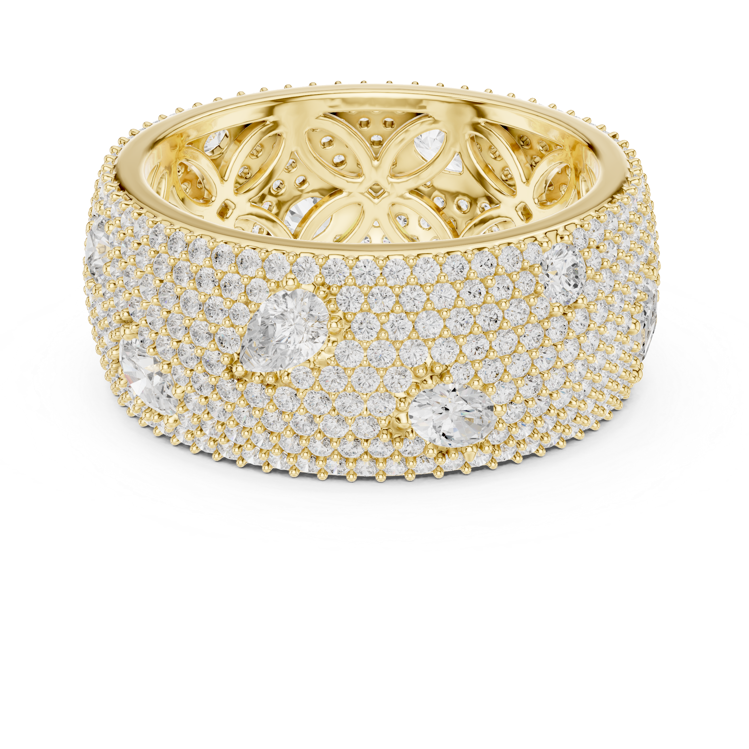 Round diamonds with scattered pear-shaped diamonds and an ornate filigree inner design.