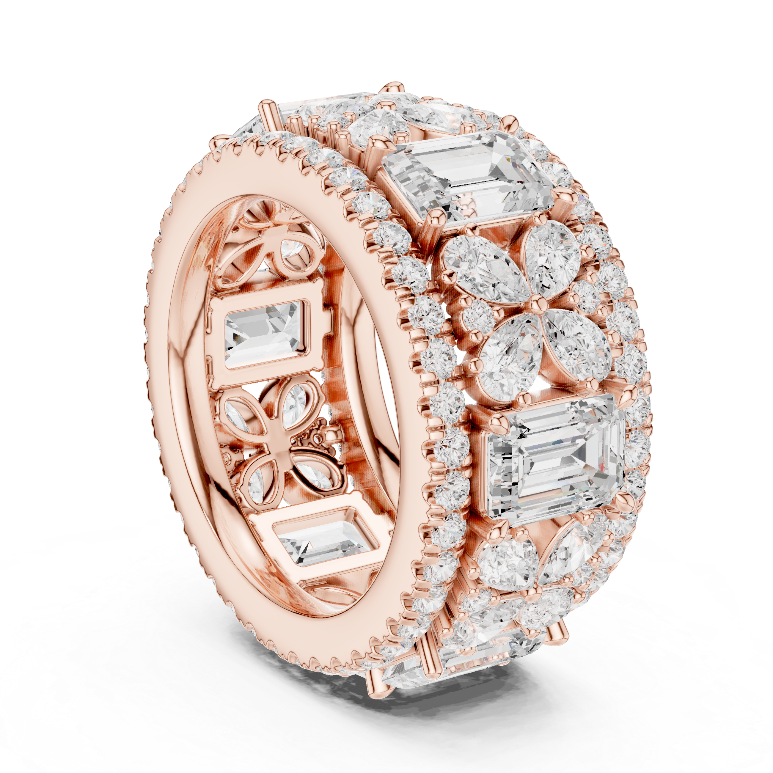 Emerald-Cut Diamond Floral Eternity Band