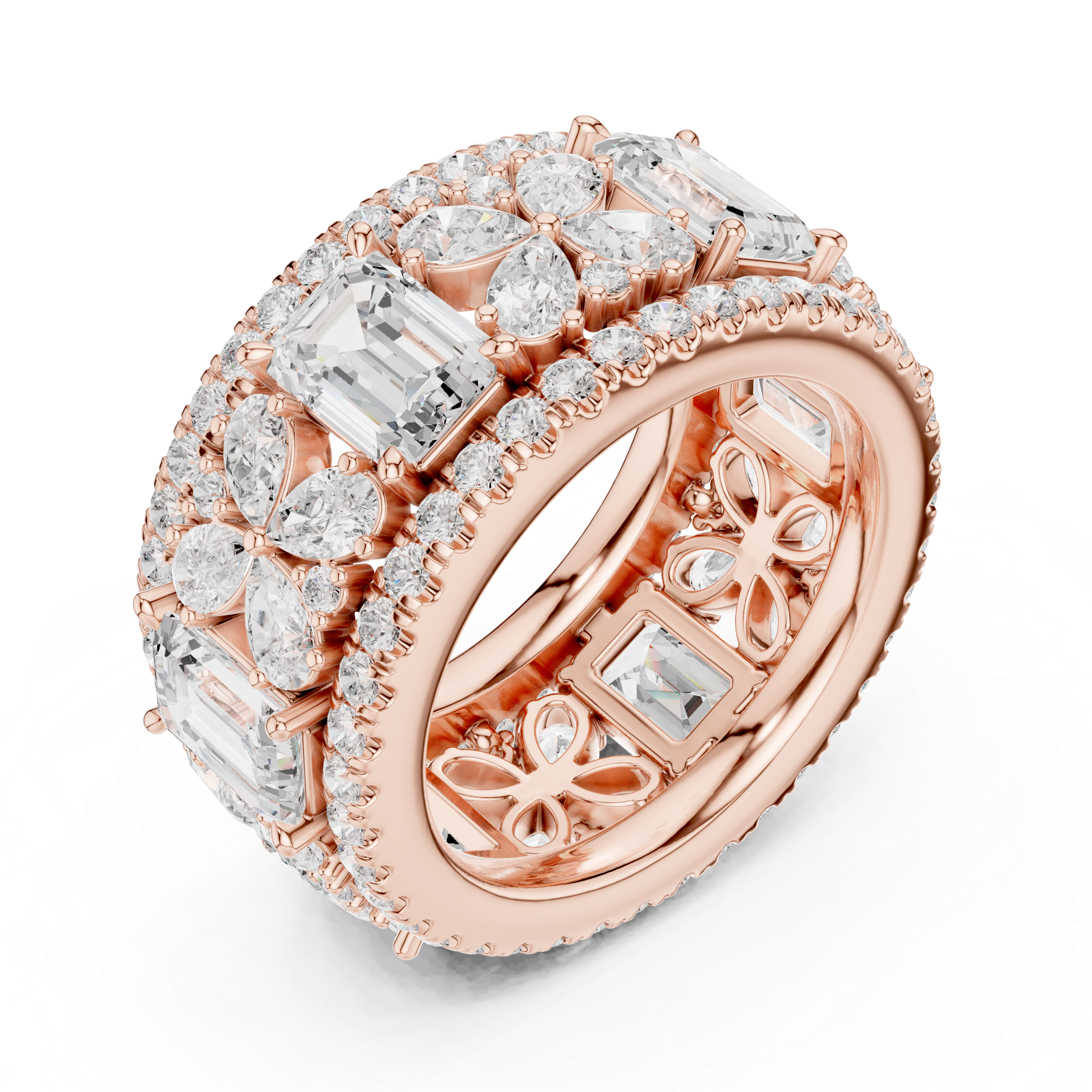 Emerald-Cut Diamond Floral Eternity Band
