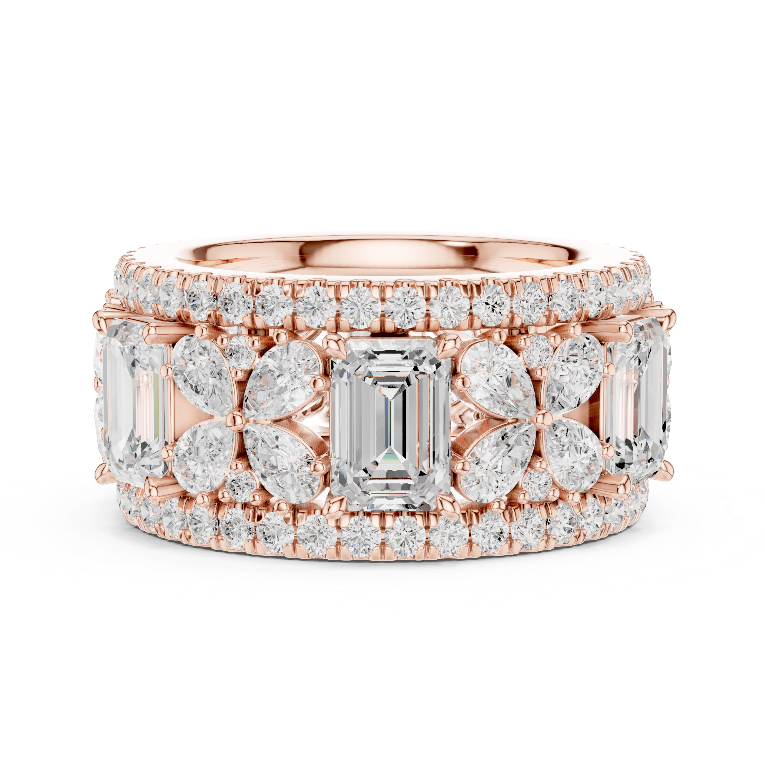 Emerald-Cut Diamond Floral Eternity Band