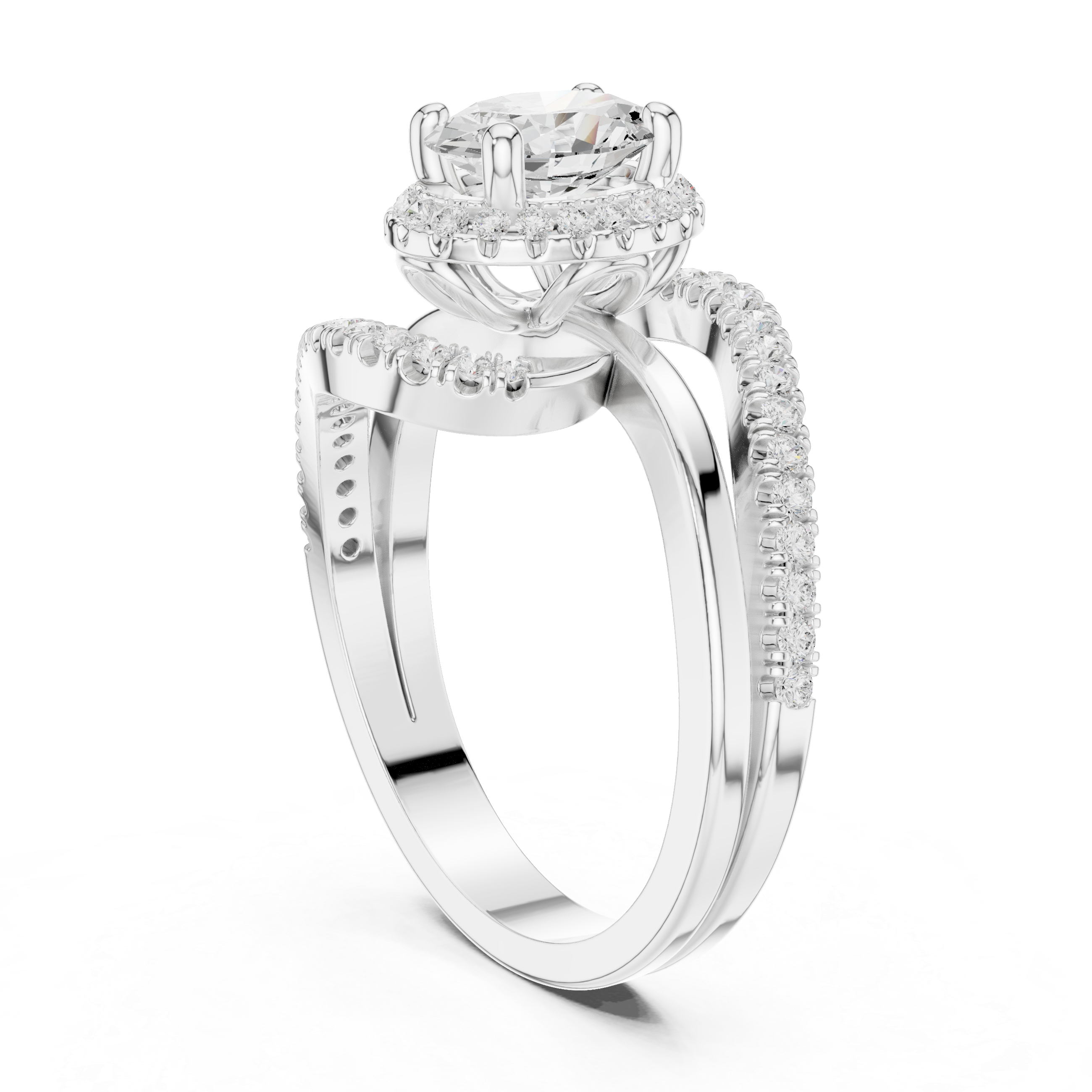 Oval center diamond and split shank pav‚ diamonds