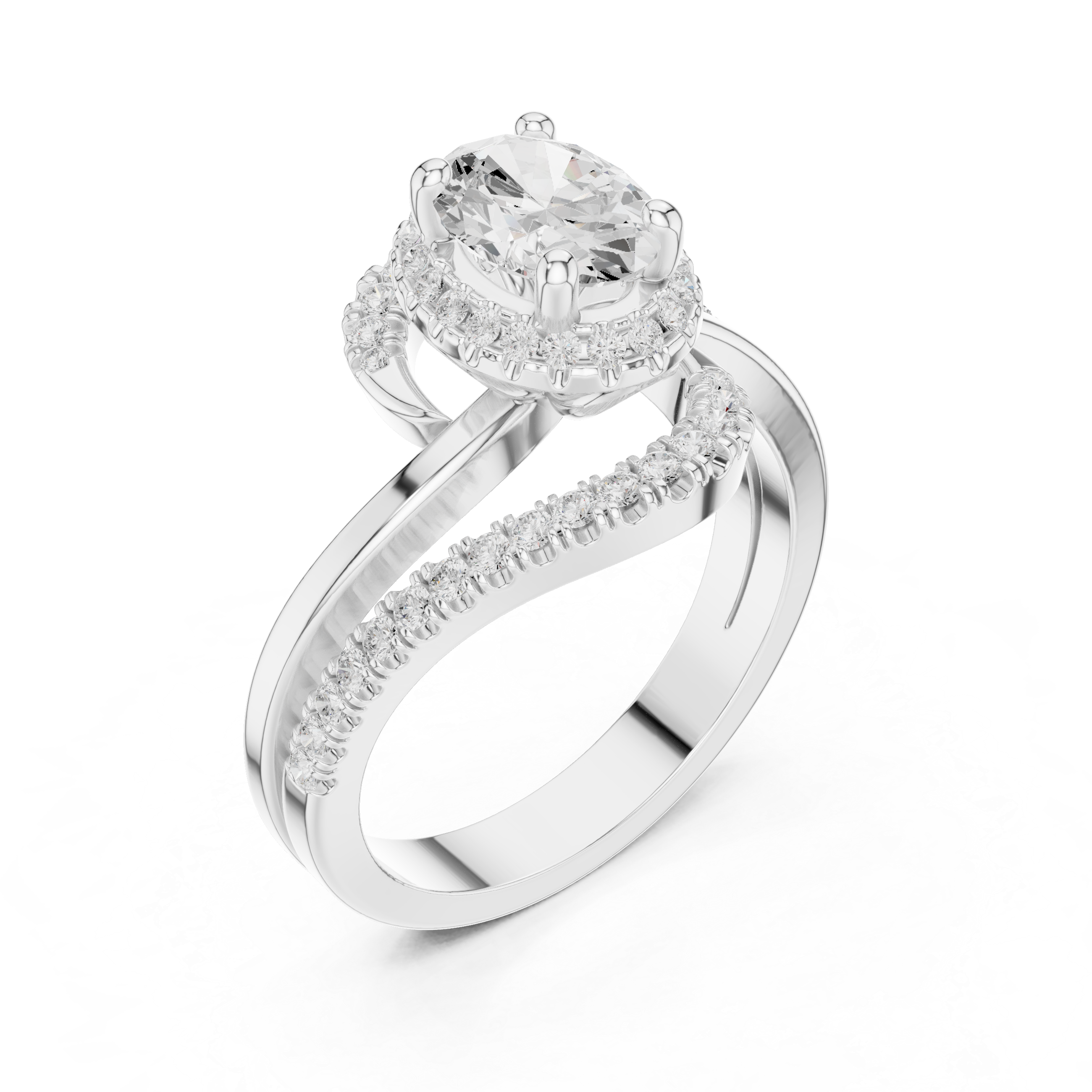 Oval center diamond and split shank pav‚ diamonds