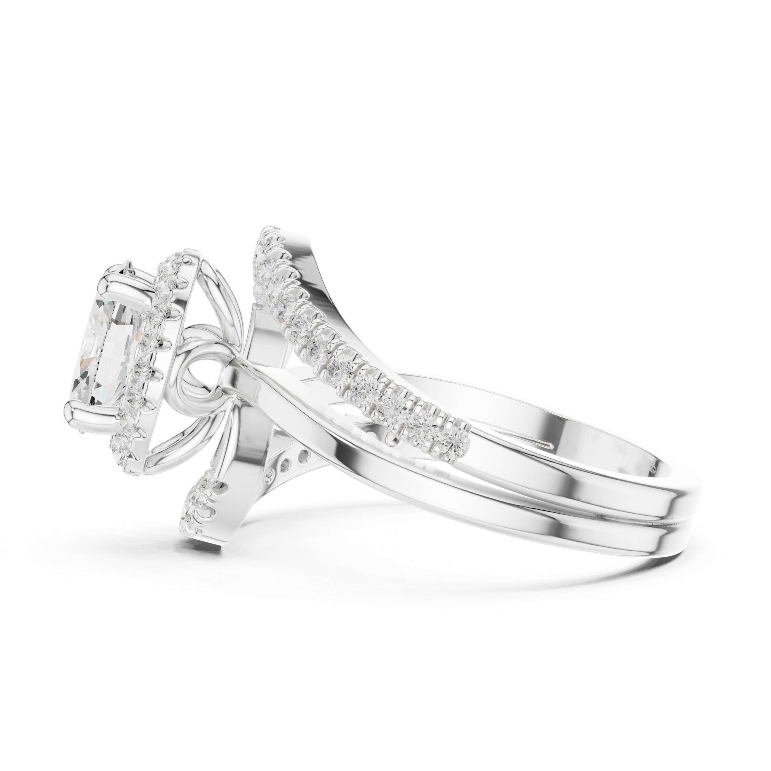 Oval center diamond and split shank pav‚ diamonds