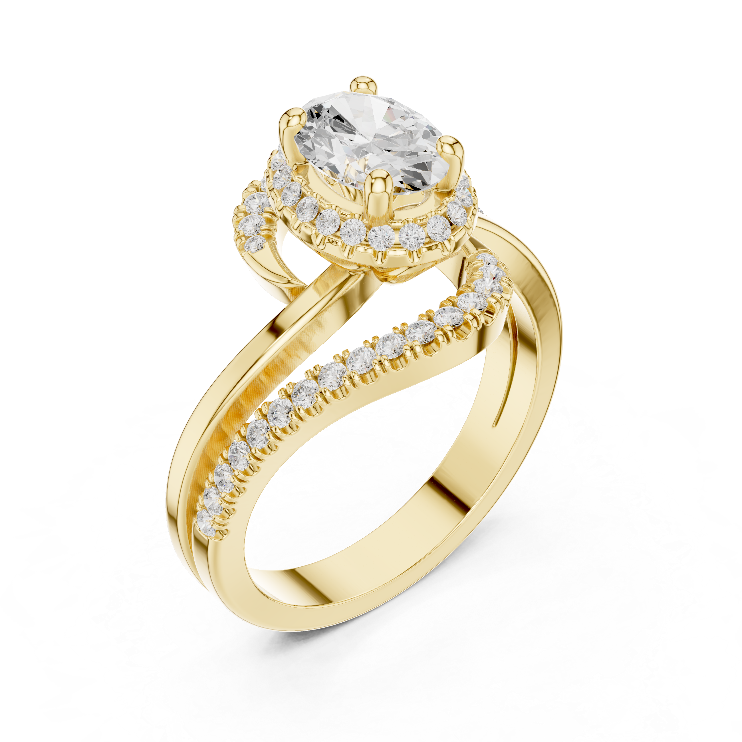 Oval center diamond and split shank pav‚ diamonds