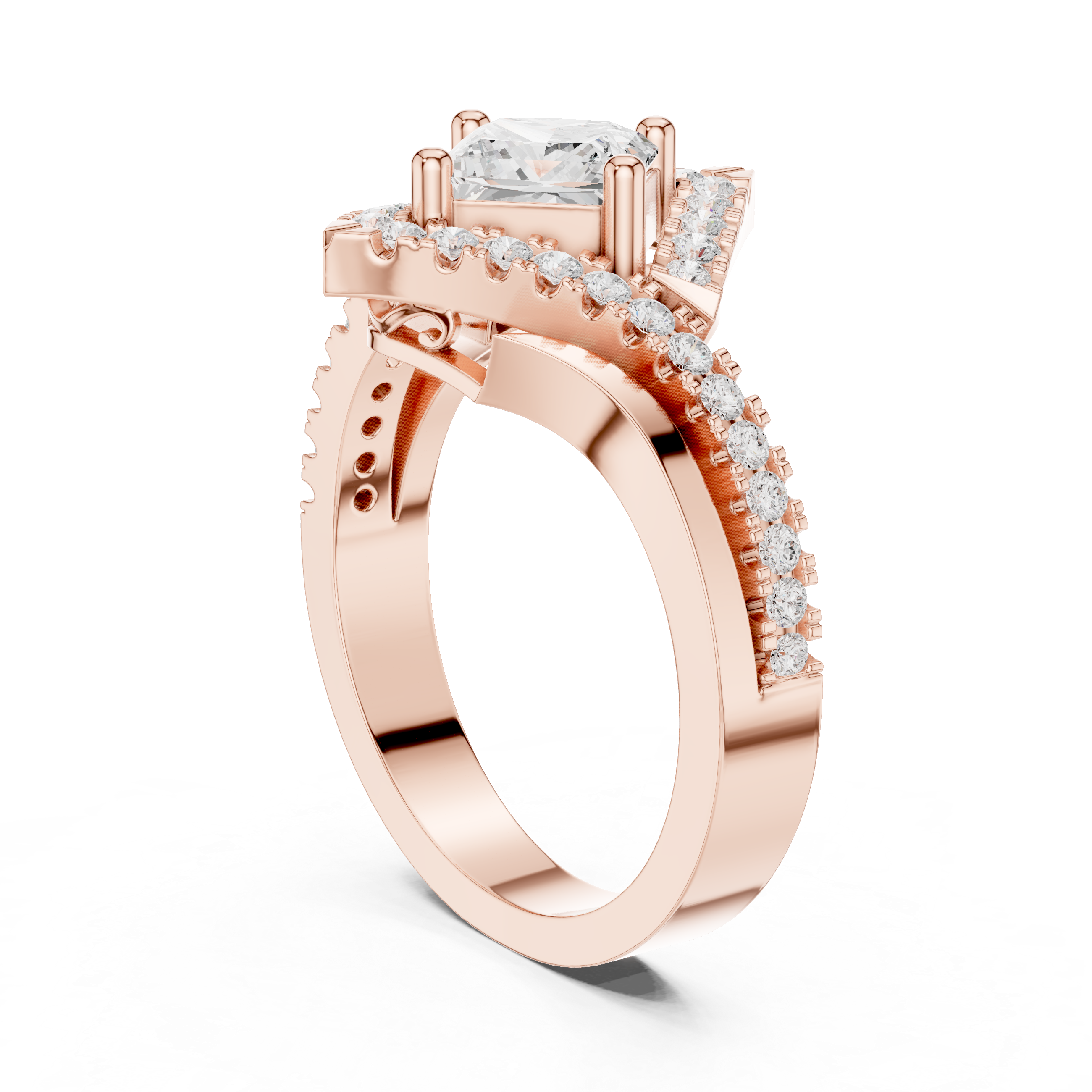 Princess-cut center diamond and halo pav‚ diamonds