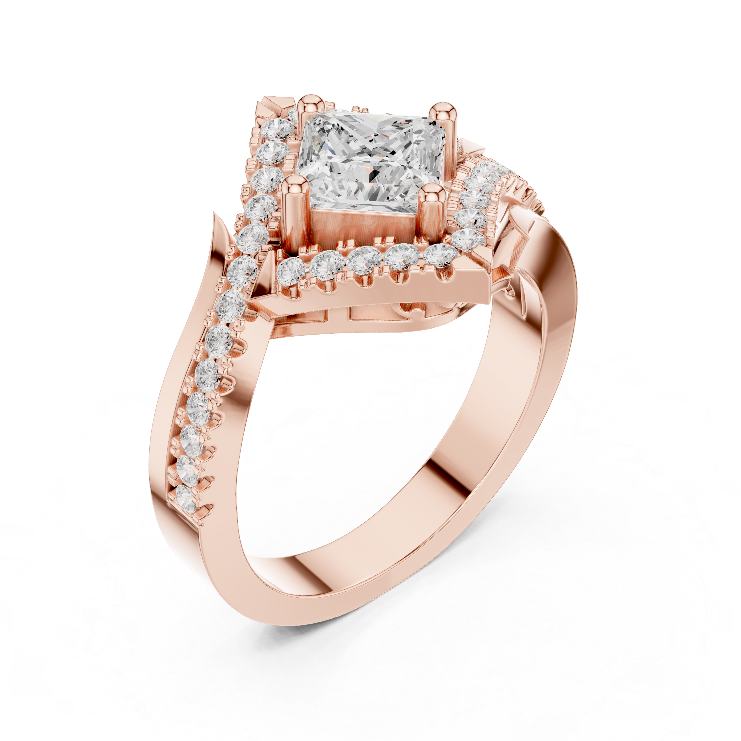 Princess-cut center diamond and halo pav‚ diamonds