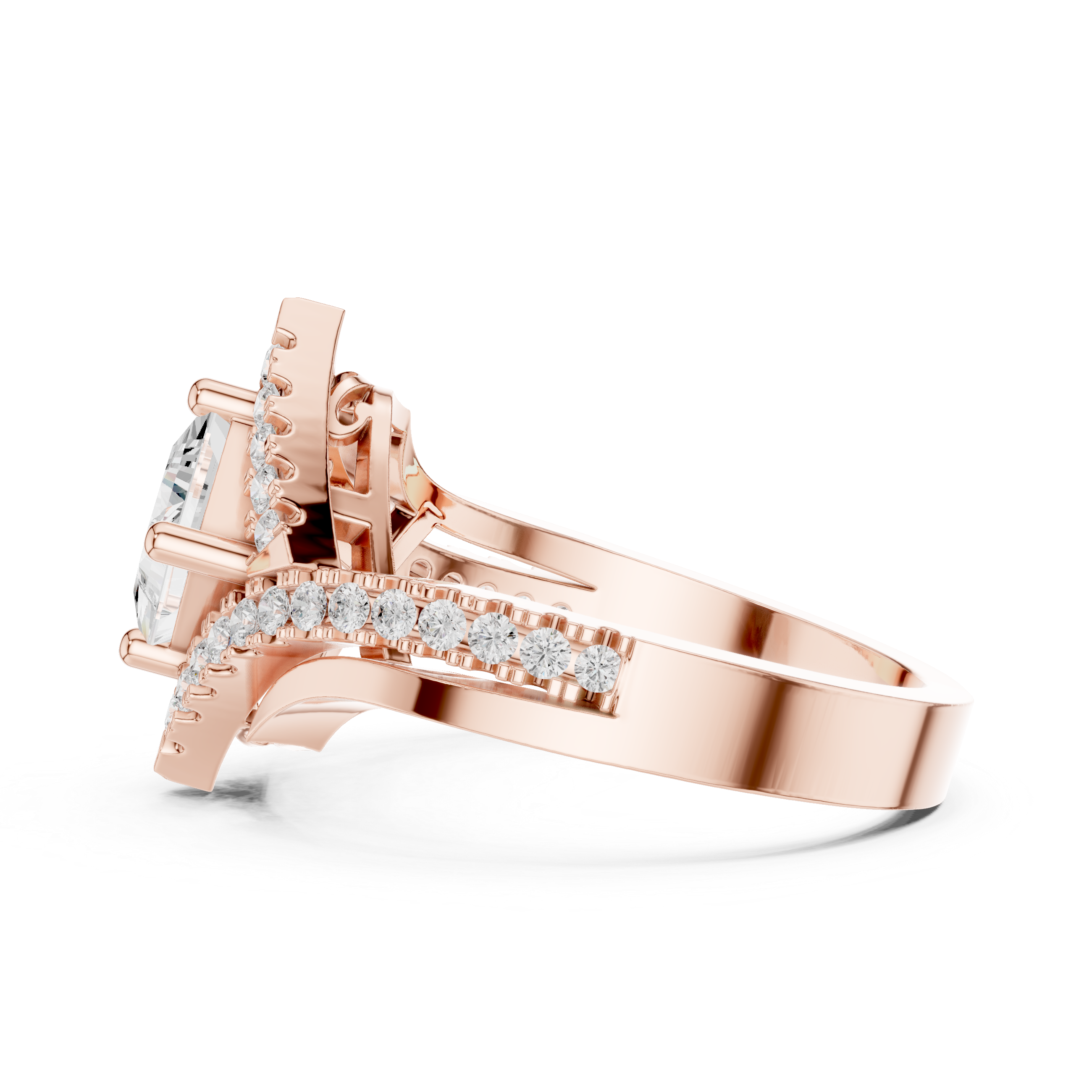 Princess-cut center diamond and halo pav‚ diamonds