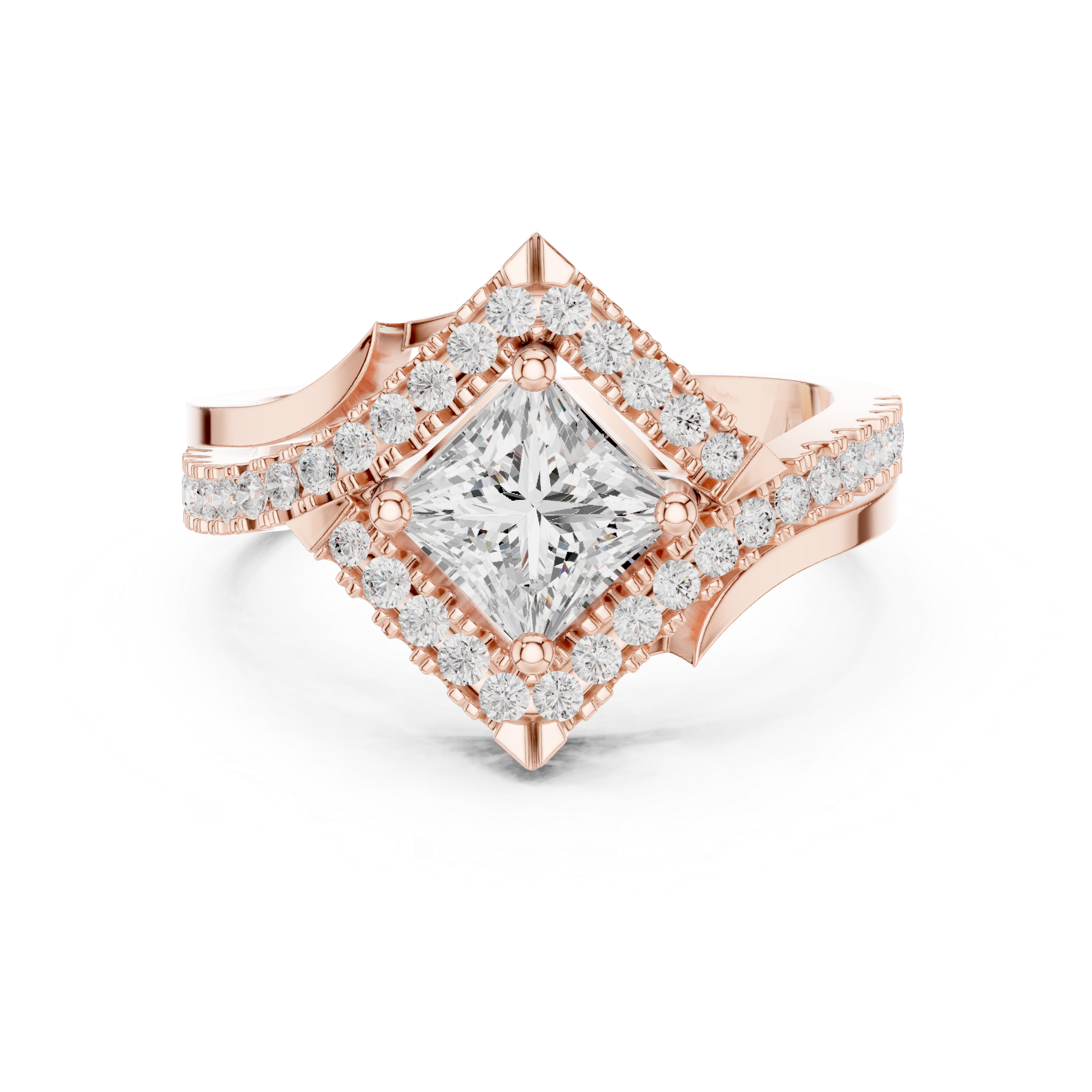 Princess-cut center diamond and halo pav‚ diamonds