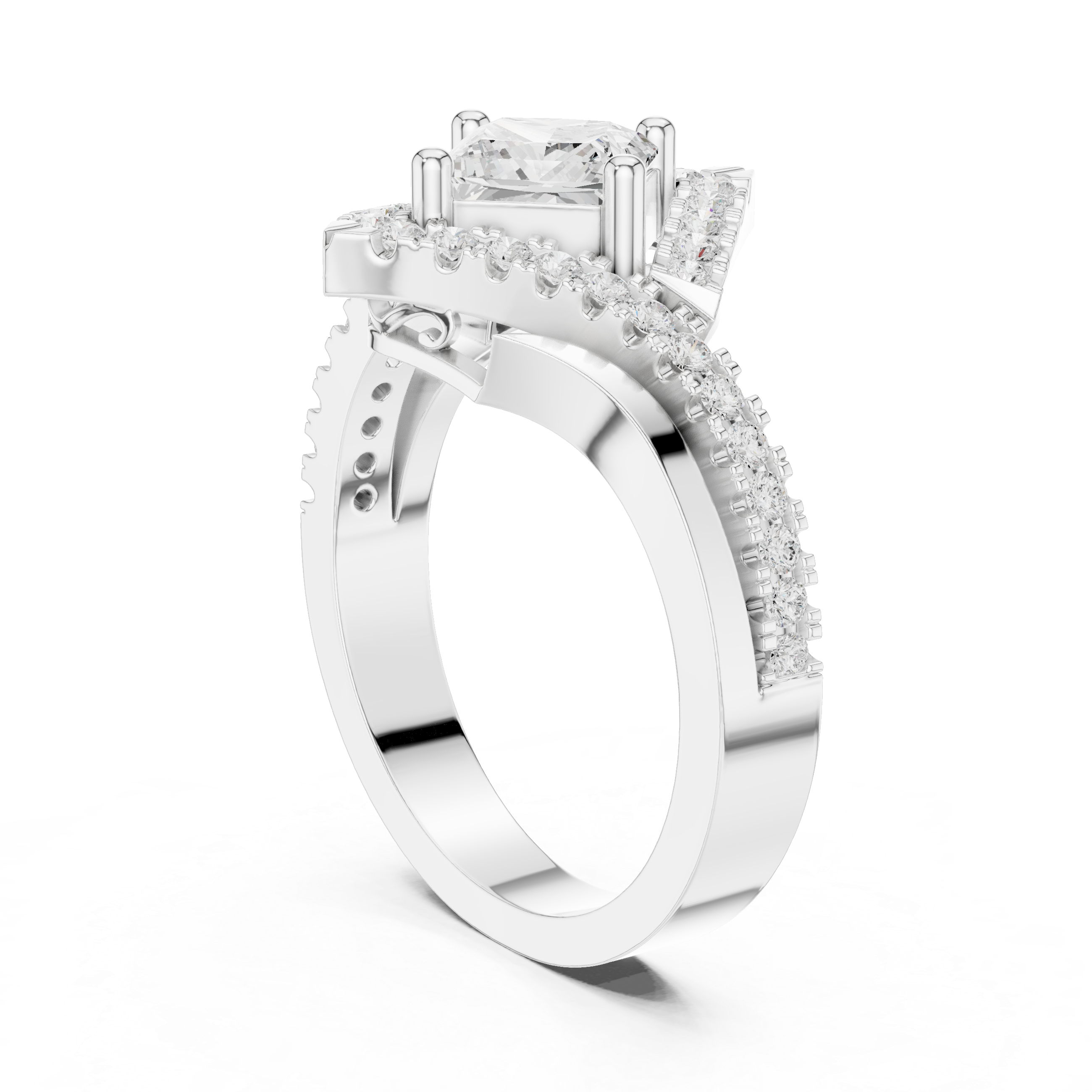 Princess-cut center diamond and halo pav‚ diamonds