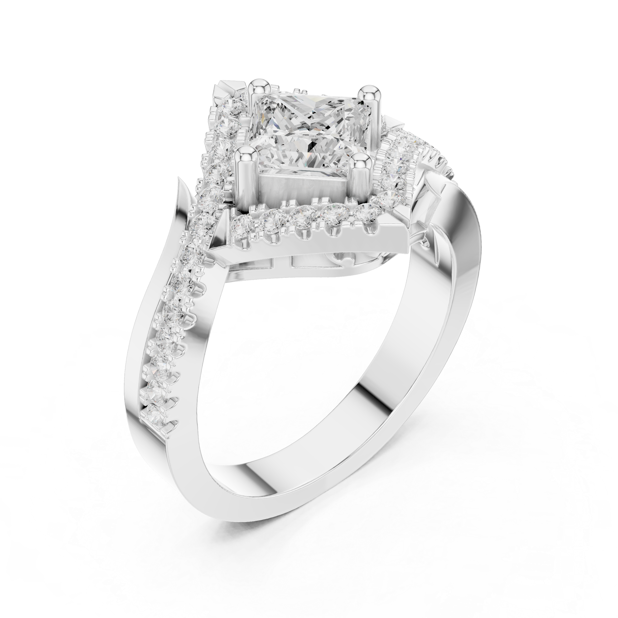 Princess-cut center diamond and halo pav‚ diamonds